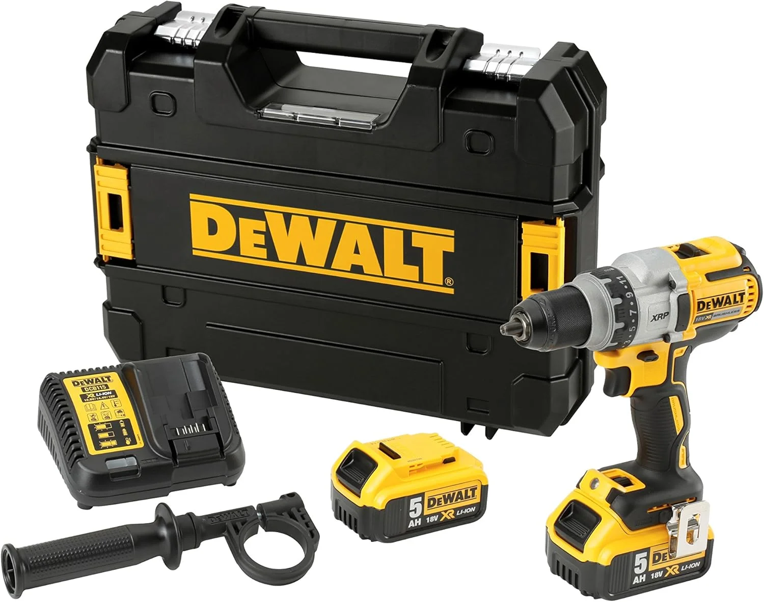 دریل پیچ گوشتی شارژی 3 سرعته DeWalt، 18 ولت، گیربکس تمام فلزی، گشتاور 11 مرحله ای، چراغ LED، شامل 2 عدد باتری لیتیوم یون XR (5.0 آمپر ساعت)، شارژر سریع سیستم، جعبه TSTAK و لوازم جانبی DCD991P2