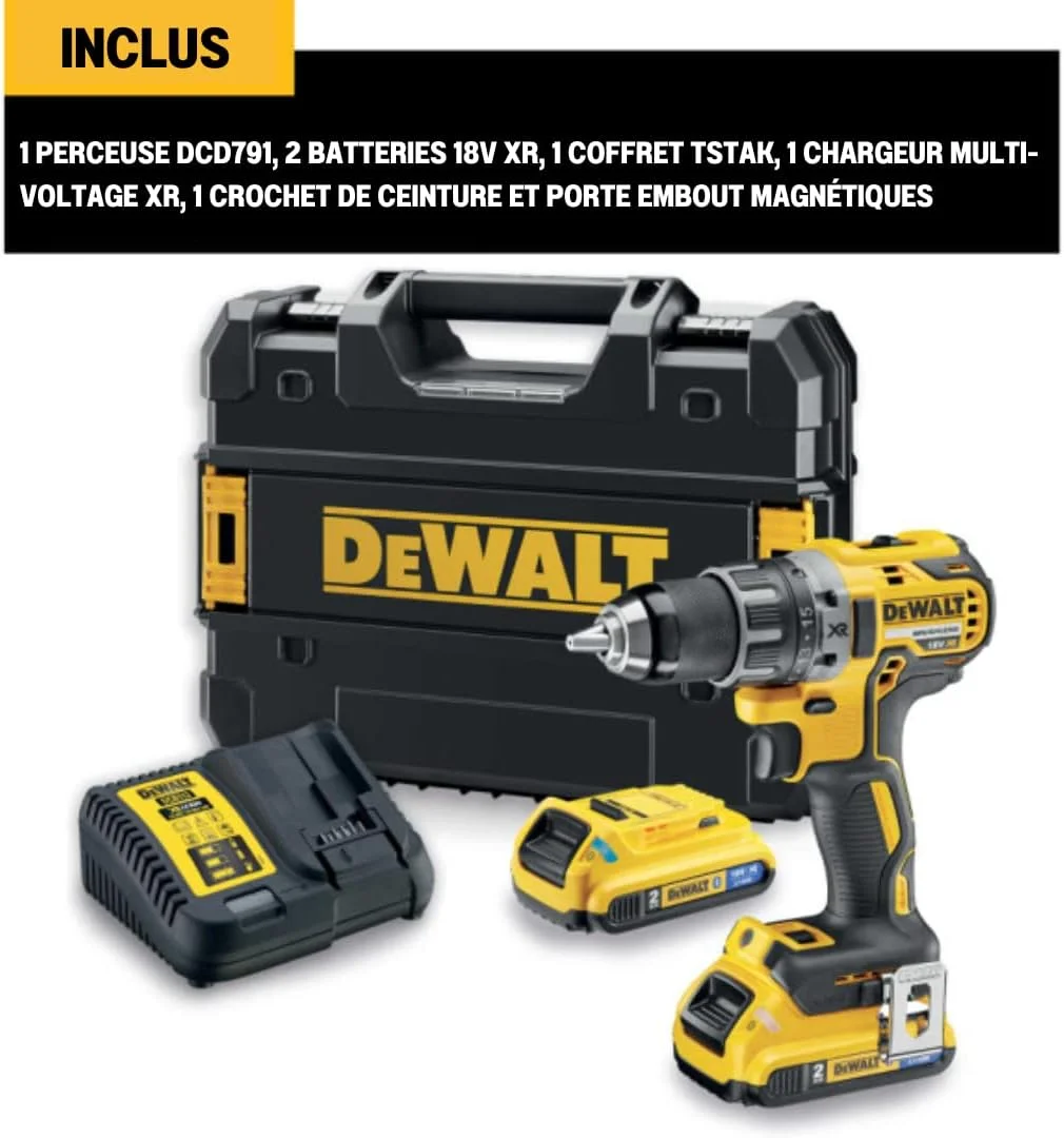 دریل پیچ گوشتی شارژی/پیچ گوشتی شارژی DeWalt (18 ولت، 2.0 آمپر ساعت، براشلس، با گیربکس تمام فلزی دو سرعته، 15 مرحله گشتاور، شامل دو باتری XR، شارژر سریع سیستم و جعبه Tstak)، DCD791D2 دریل پیچ گوشتی شارژی/پیچ گوشتی شارژی DeWalt (18 ولت، 2.0 آمپر ساعت، براشلس، با گیربکس تمام فلزی دو سرعته، 15 مرحله گشتاور، شامل دو باتری XR، شارژر سریع سیستم و جعبه Tstak)، DCD791D2