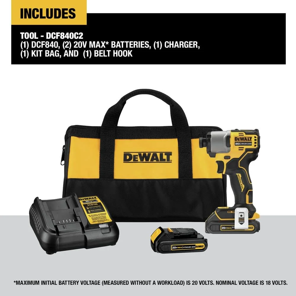 دریل پیچ گوشتی ضربه ای شارژی 20 ولت Dewalt DCF840C2 MAX براشلس لیتیوم-یون 1/4 اینچ با 2 باتری (1.5 آمپر ساعت) دریل پیچ گوشتی ضربه ای شارژی 20 ولت Dewalt DCF840C2 MAX براشلس لیتیوم-یون 1/4 اینچ با 2 باتری (1.5 آمپر ساعت)