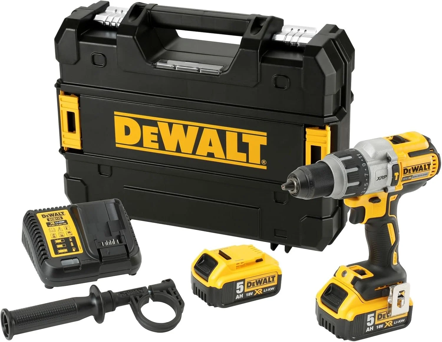 دریل چکشی براشلس Dewalt DCD996P2 XR به همراه 2 عدد باتری 5.0 آمپر 18 ولت، زرد/مشکی، ست 7 عددی