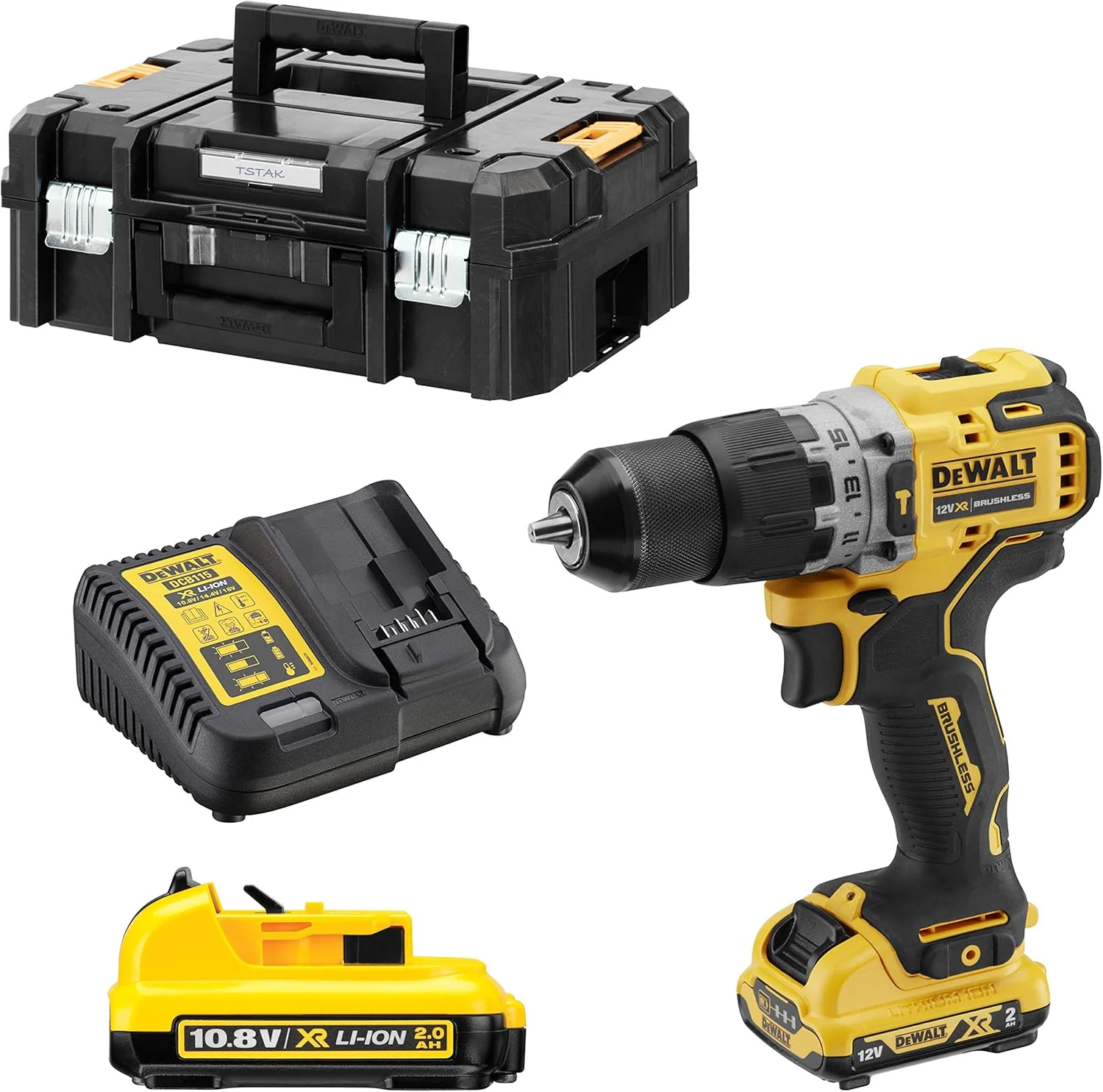 دریل ضربه ای شارژی DEWALT DCD706D2-QW، 12 ولت/2 آمپر ساعت، مشکی/زرد