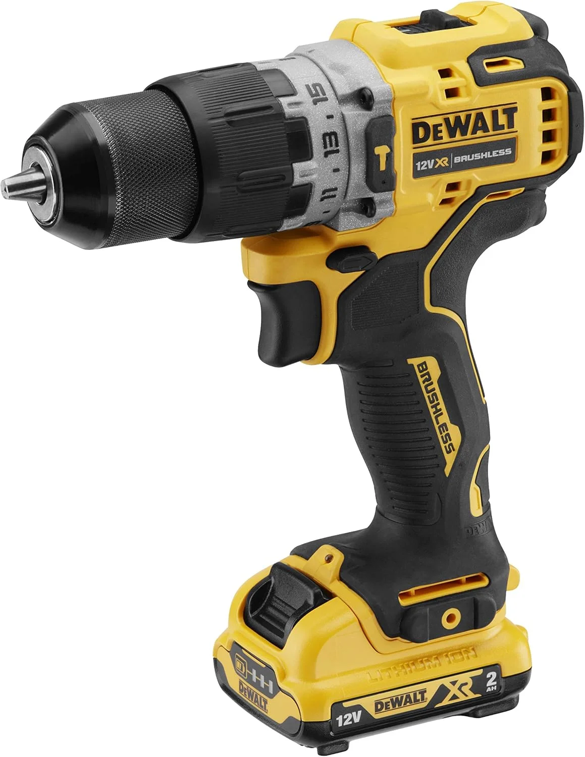 دریل ضربه ای شارژی DEWALT DCD706D2-QW، 12 ولت/2 آمپر ساعت، مشکی/زرد