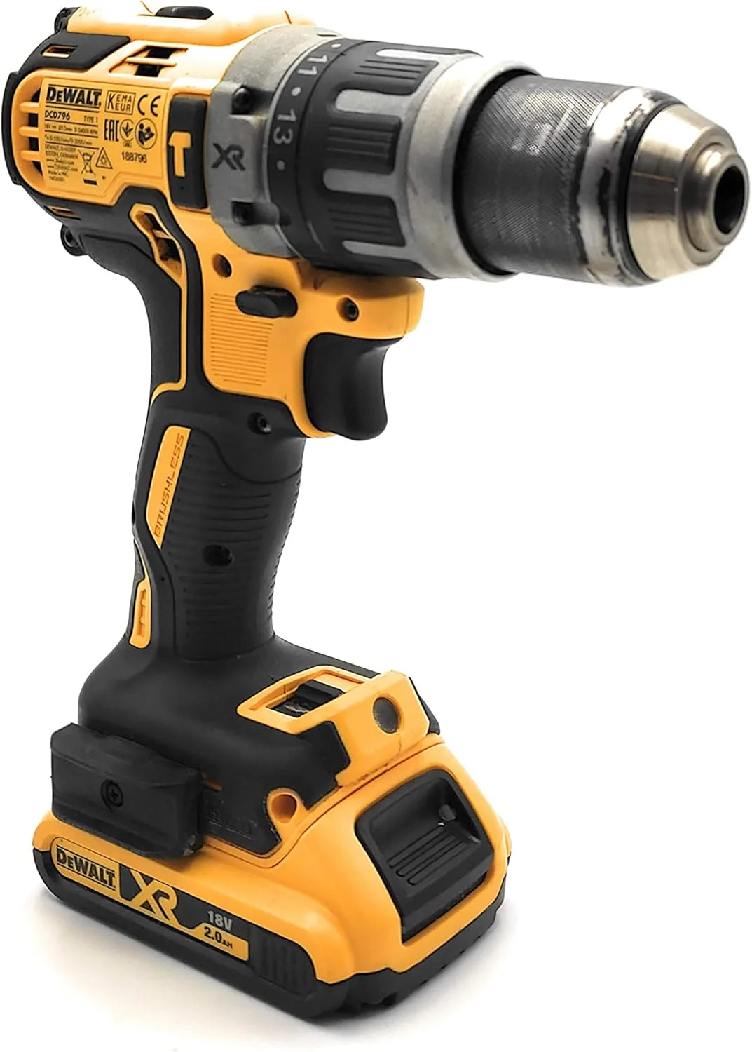 دریل پیچ گوشتی چکشی/پیچ گوشتی شارژی DeWalt (18 ولت، ماژول گشتاور 15 مرحله ای، سه نظام اتوماتیک 13 میلی متری، چراغ کار LED، شامل لوازم جانبی) DCD796D2