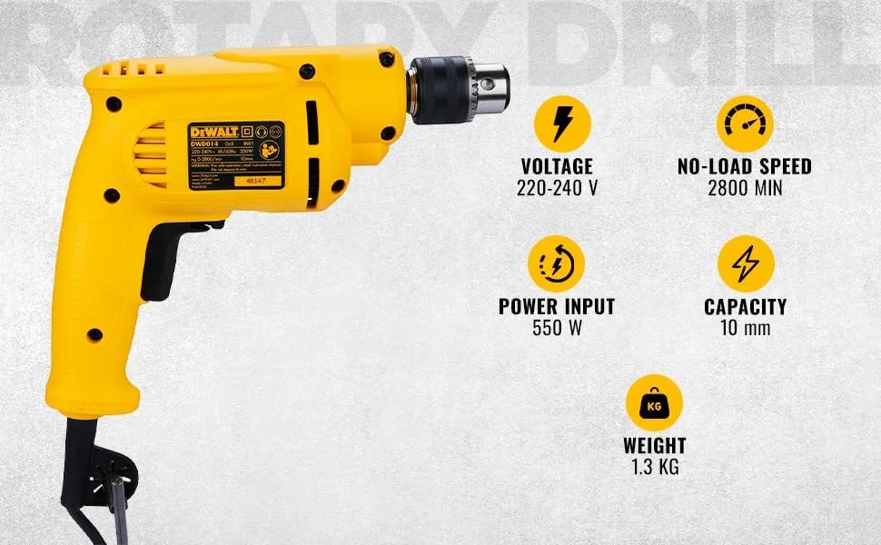 دریل چکشی 10 میلی متری 550 وات Dewalt DWD014 - 220 ولت (دوشاخه هندی) دریل چکشی 10 میلی متری 550 وات Dewalt DWD014 - 220 ولت (دوشاخه هندی)