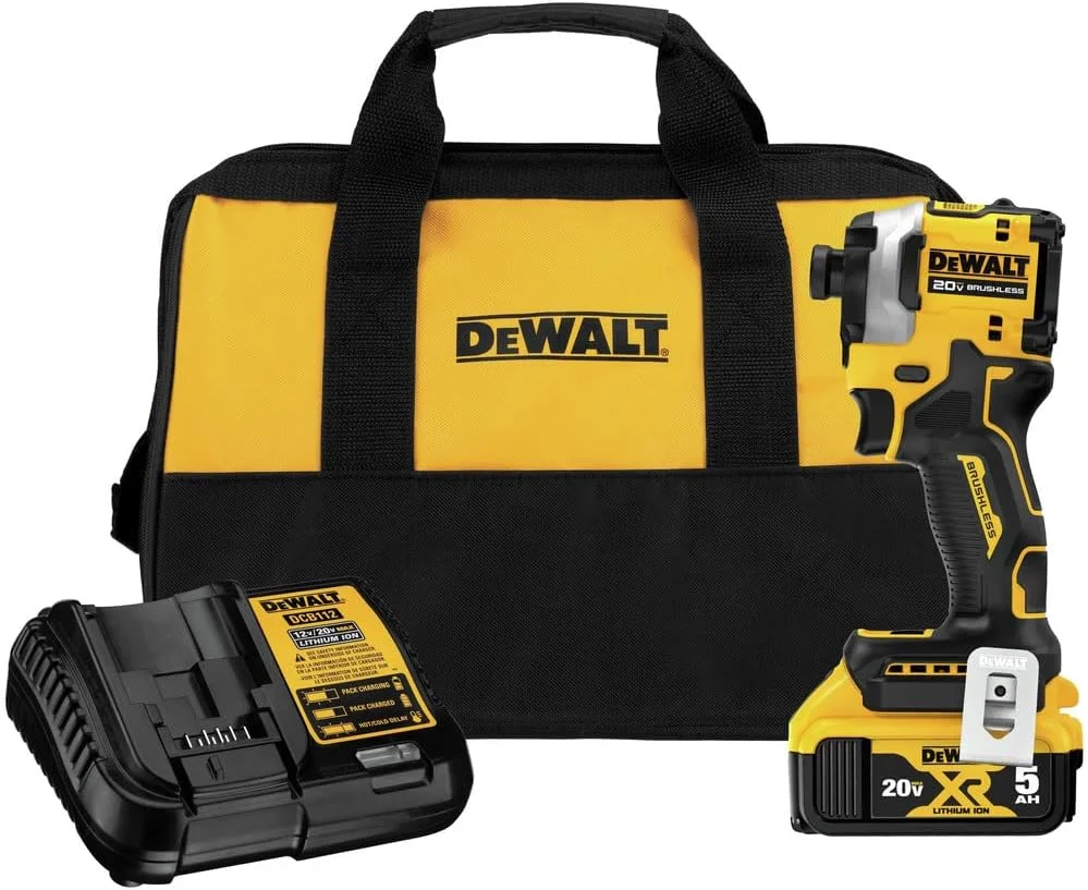 دریل پیچ گوشتی ضربه ای شارژی 20 ولت Dewalt DCF850P1 ATOMIC، براشلس، لیتیوم-یون، 1/4 اینچ، 3 سرعته (5 آمپر ساعت)
