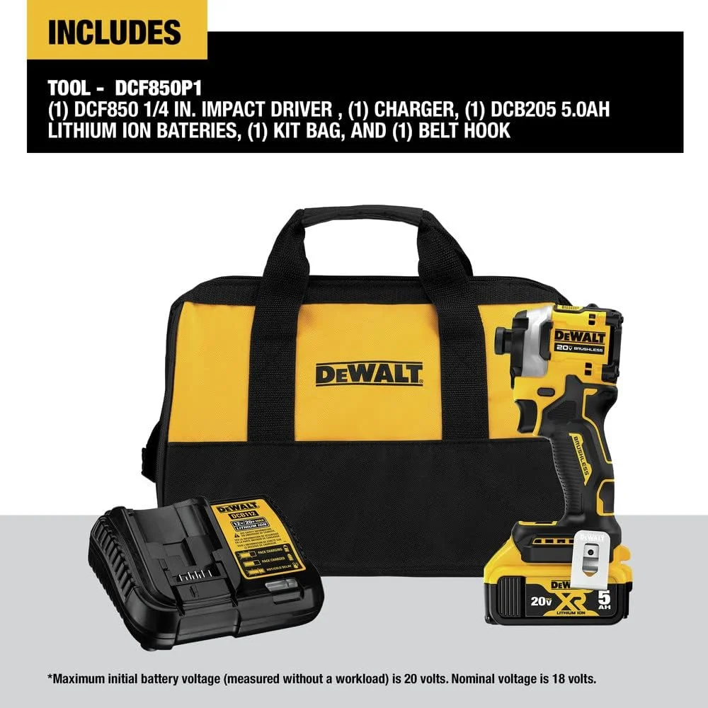 دریل پیچ گوشتی ضربه ای شارژی 20 ولت Dewalt DCF850P1 ATOMIC، براشلس، لیتیوم-یون، 1/4 اینچ، 3 سرعته (5 آمپر ساعت) دریل پیچ گوشتی ضربه ای شارژی 20 ولت Dewalt DCF850P1 ATOMIC، براشلس، لیتیوم-یون، 1/4 اینچ، 3 سرعته (5 آمپر ساعت)