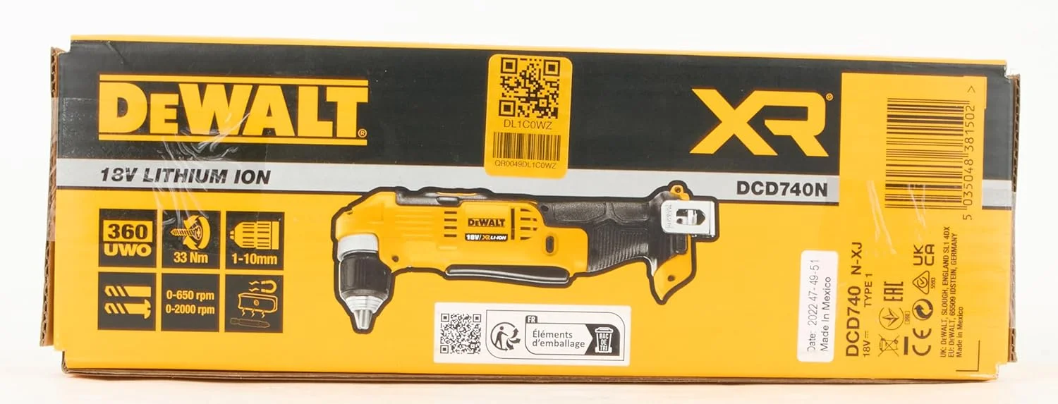 دریل زاویه ای دو سرعته شارژی 18 ولت DeWalt DCD740N-XJ XR لیتیوم-یون (فقط بدنه)، زرد/مشکی، 4.57 سانتی متر * 12.52 سانتی متر * 2.99 سانتی متر
