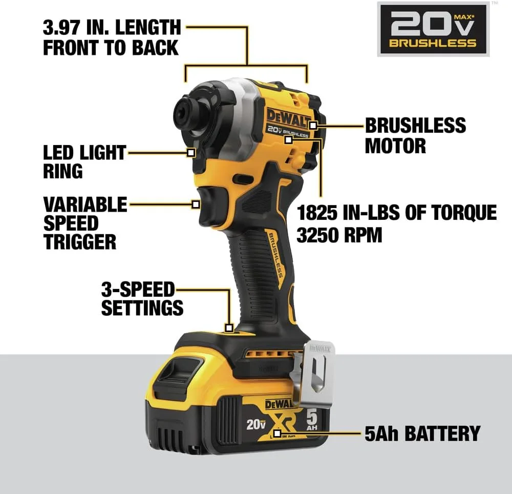 دریل پیچ گوشتی ضربه ای شارژی 20 ولت Dewalt DCF850P1 ATOMIC، براشلس، لیتیوم-یون، 1/4 اینچ، 3 سرعته (5 آمپر ساعت) دریل پیچ گوشتی ضربه ای شارژی 20 ولت Dewalt DCF850P1 ATOMIC، براشلس، لیتیوم-یون، 1/4 اینچ، 3 سرعته (5 آمپر ساعت)