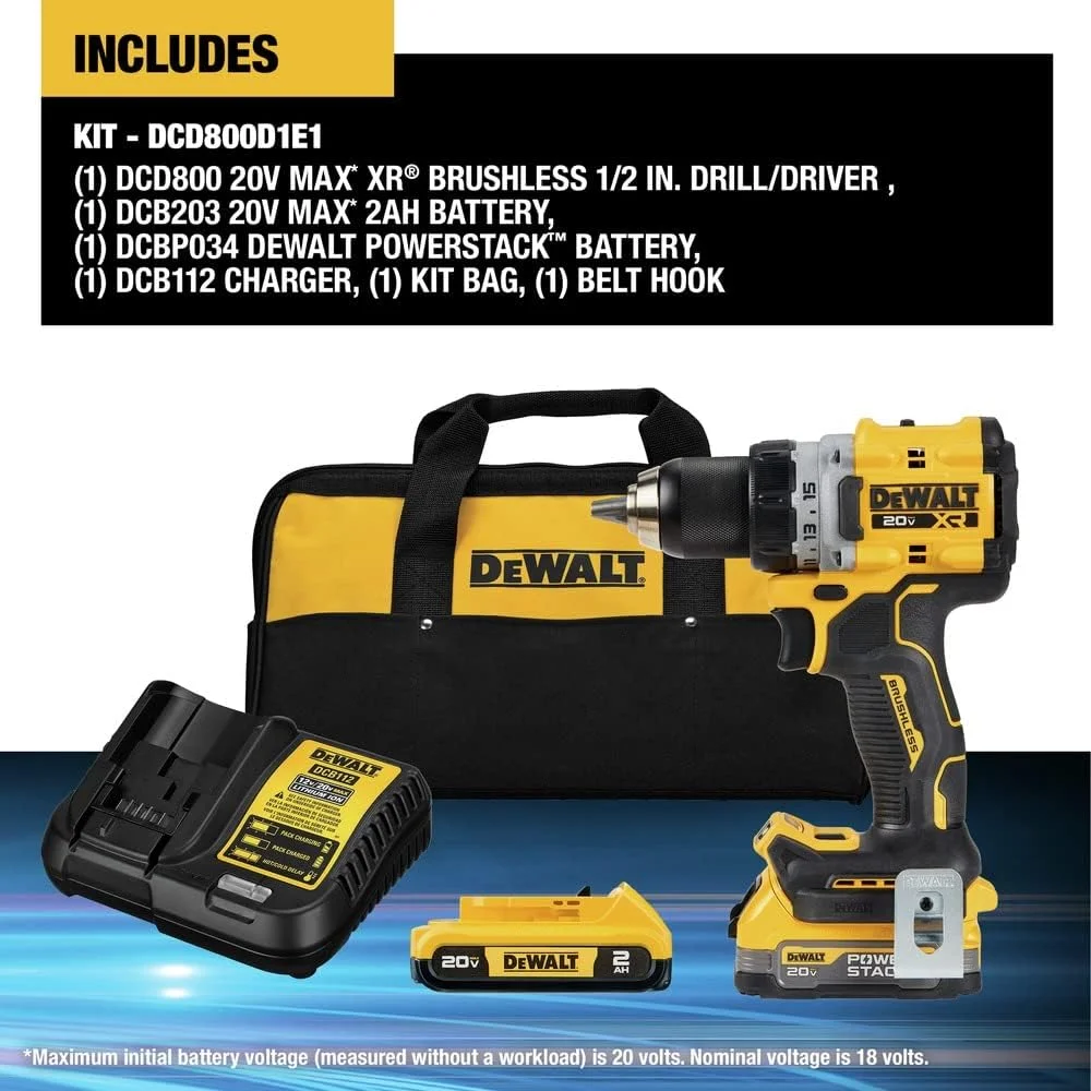 دریل/پیچ گوشتی شارژی جمع و جور DEWALT 20V MAX* XR با باتری های POWERSTACK (DCD800D1E1)