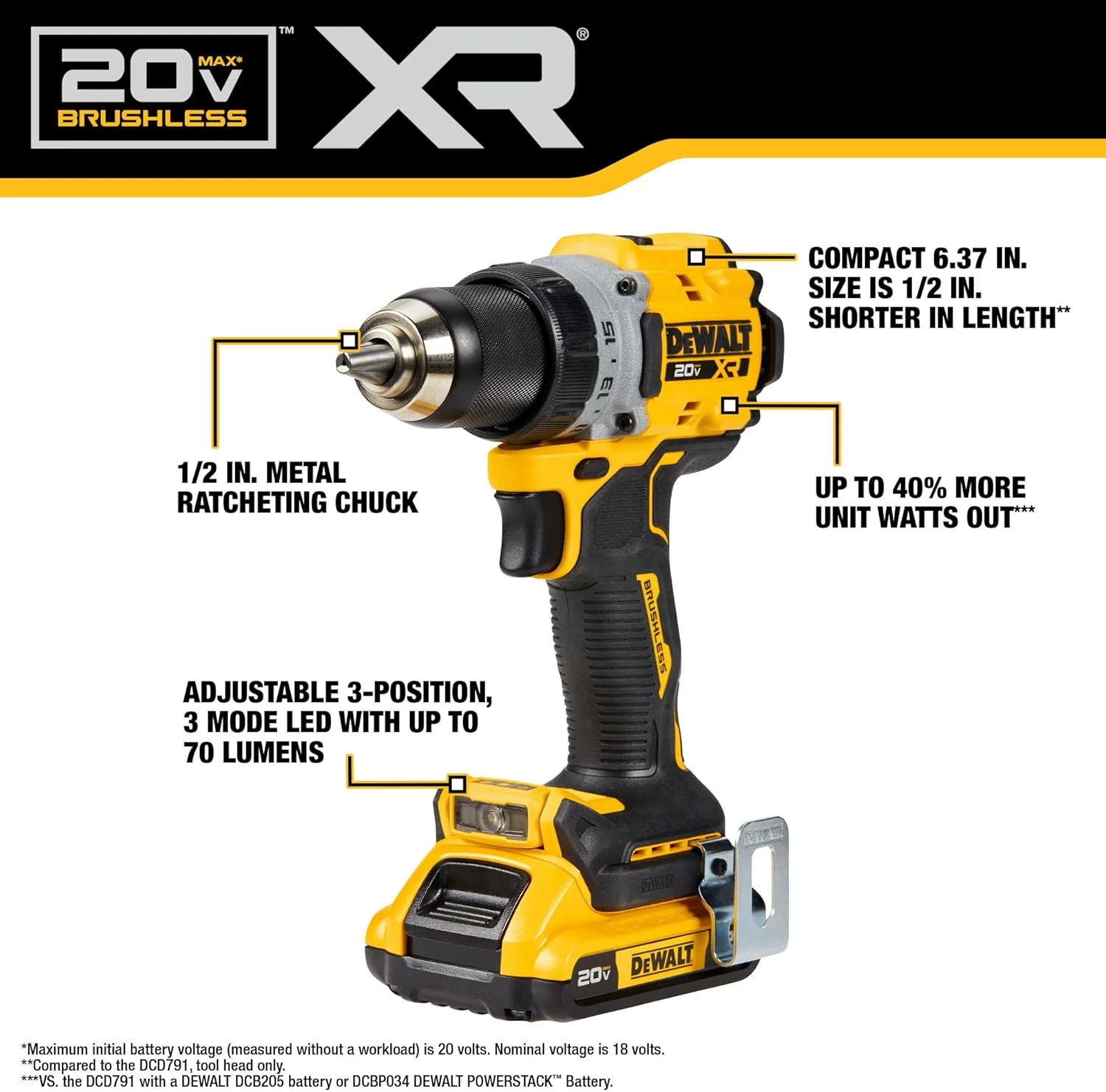 دریل پیچ گوشتی شارژی براشلس دیوالت مدل DCD800D2 20V MAX XR با باتری لیتیوم-یون 1/2 اینچ به همراه 2 عدد باتری (2 آمپر ساعت)