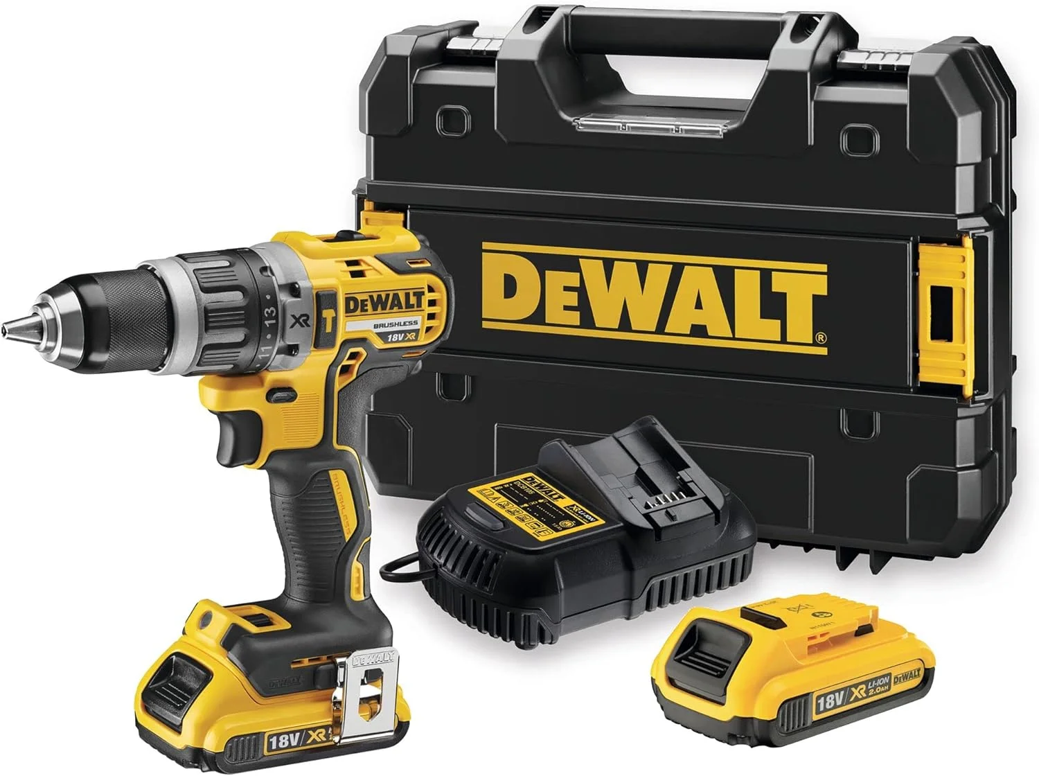 دریل چکشی شارژی 18 ولت 13 میلی‌متری Dewalt، موتور براشلس، کیت دریل جمع و جور، به همراه باتری اضافی، 1700 دور در دقیقه، زرد/مشکی، Dcd796D2-GB