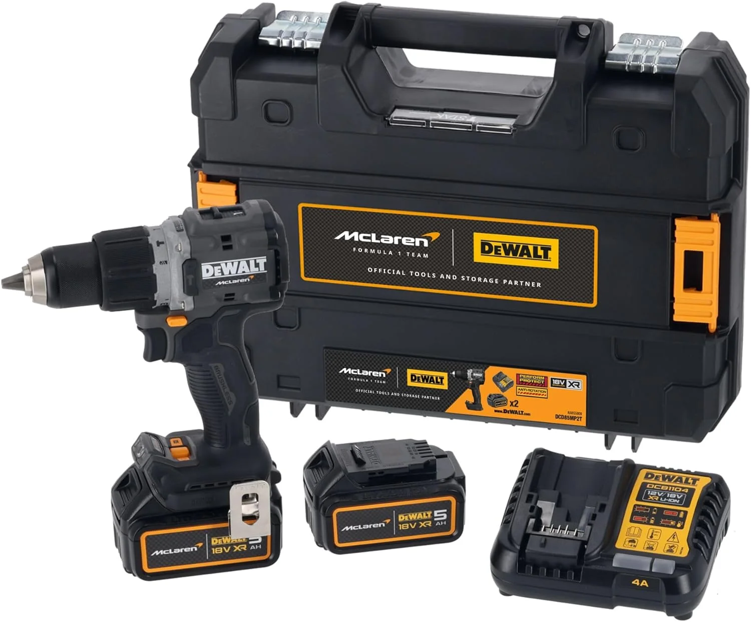 دریل چکشی شارژی براشلس دیوالت مدل DCD85MP2T McLaren F1 18V XR به همراه 2 عدد باتری 5 آمپر، شارژر و کیف