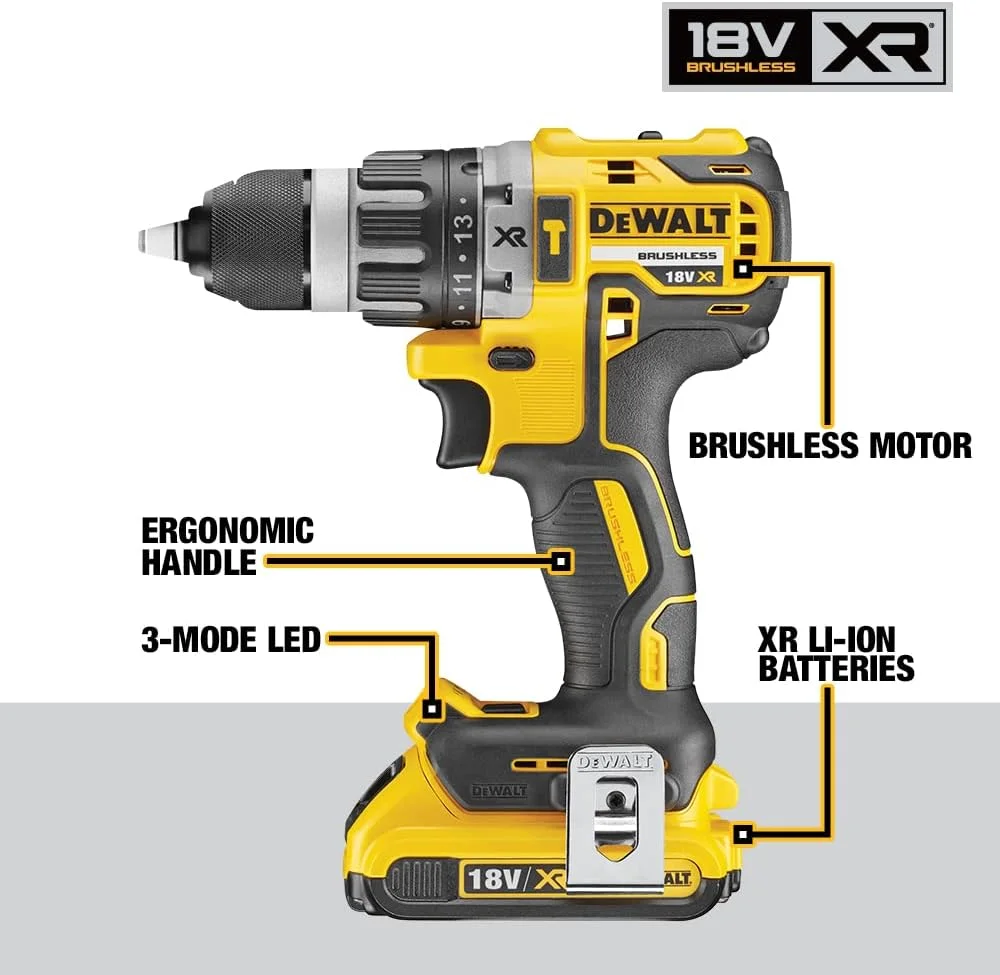 دریل چکشی شارژی 18 ولت 13 میلیمتری Dewalt، موتور براشلس، کیت دریل جمع و جور، به همراه باتری اضافی، 1700 دور در دقیقه، زرد/مشکی، Dcd796D2-GB دریل چکشی شارژی 18 ولت 13 میلیمتری Dewalt، موتور براشلس، کیت دریل جمع و جور، به همراه باتری اضافی، 1700 دور در دقیقه، زرد/مشکی، Dcd796D2-GB