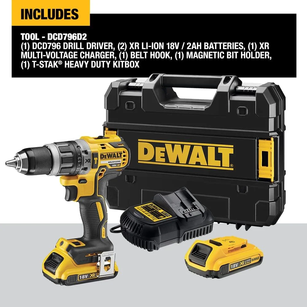 دریل چکشی شارژی 18 ولت 13 میلیمتری Dewalt، موتور براشلس، کیت دریل جمع و جور، به همراه باتری اضافی، 1700 دور در دقیقه، زرد/مشکی، Dcd796D2-GB دریل چکشی شارژی 18 ولت 13 میلیمتری Dewalt، موتور براشلس، کیت دریل جمع و جور، به همراه باتری اضافی، 1700 دور در دقیقه، زرد/مشکی، Dcd796D2-GB