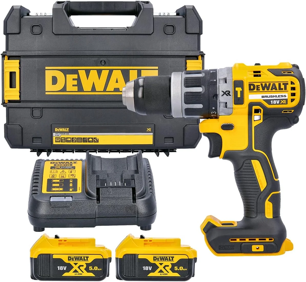 دریل چکشی جمع و جور 13 میلی متری 18 ولت Dewalt، 2 عدد باتری 5.0 آمپر ساعت، شارژر و جعبه ابزار، زرد/مشکی، Dcd796P2-Gb