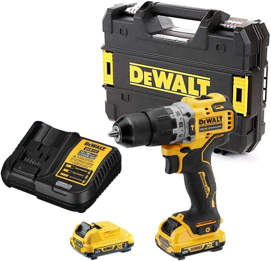 دریل چکشی شارژی جمع و جور 10 میلی متری 12 ولت DEWALT با 2 عدد باتری 2 آمپر ساعت و شارژر، زرد/مشکی، DCD706D2-GB