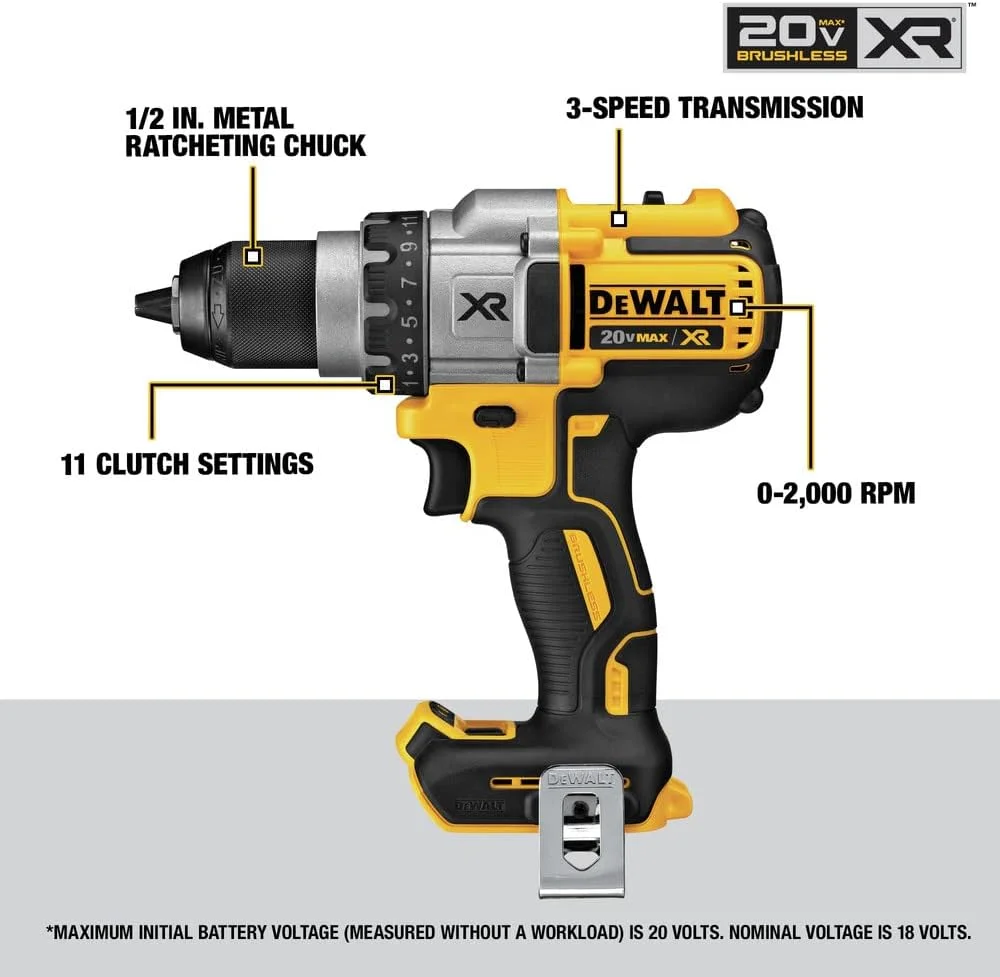 دریل/پیچ گوشتی شارژی DEWALT 20V MAX XR، براشلس، 3 سرعته، فقط ابزار (DCD991B)، سایز واحد دریل/پیچ گوشتی شارژی DEWALT 20V MAX XR، براشلس، 3 سرعته، فقط ابزار (DCD991B)، سایز واحد