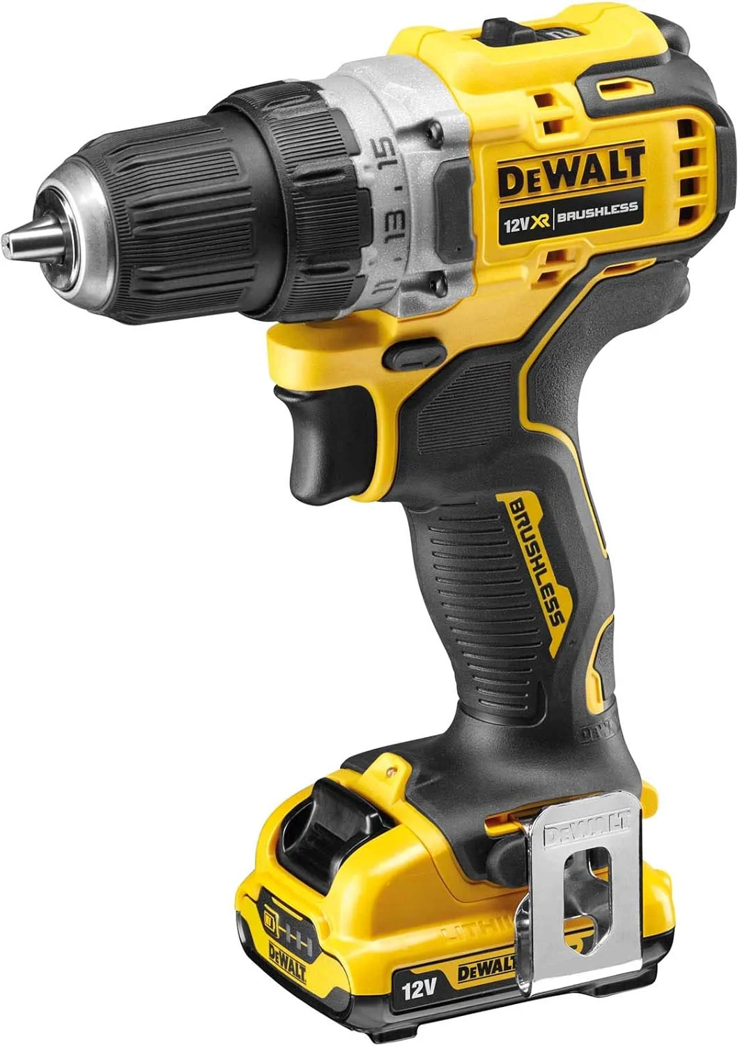 دریل پیچ گوشتی شارژی براشلس 12 ولت DeWalt، جمع و جور، بی سیم، 2 عدد باتری 2 آمپر ساعت و شارژر، زرد/مشکی، DCD701D2-GB دریل پیچ گوشتی شارژی براشلس 12 ولت DeWalt، جمع و جور، بی سیم، 2 عدد باتری 2 آمپر ساعت و شارژر، زرد/مشکی، DCD701D2-GB