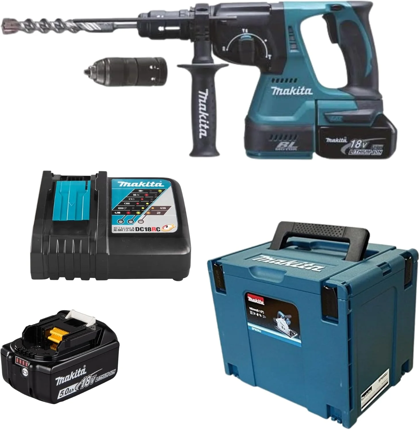 دریل بتن کن SDS پلاس ماکیتا مدل Dhr243T1J، 2 ژول، 24 میلی متر، Lxt 18 ولت به همراه 1 باتری 18 ولت 5 آمپر لیتیوم-یون Bl1850B و جعبه ماک پک