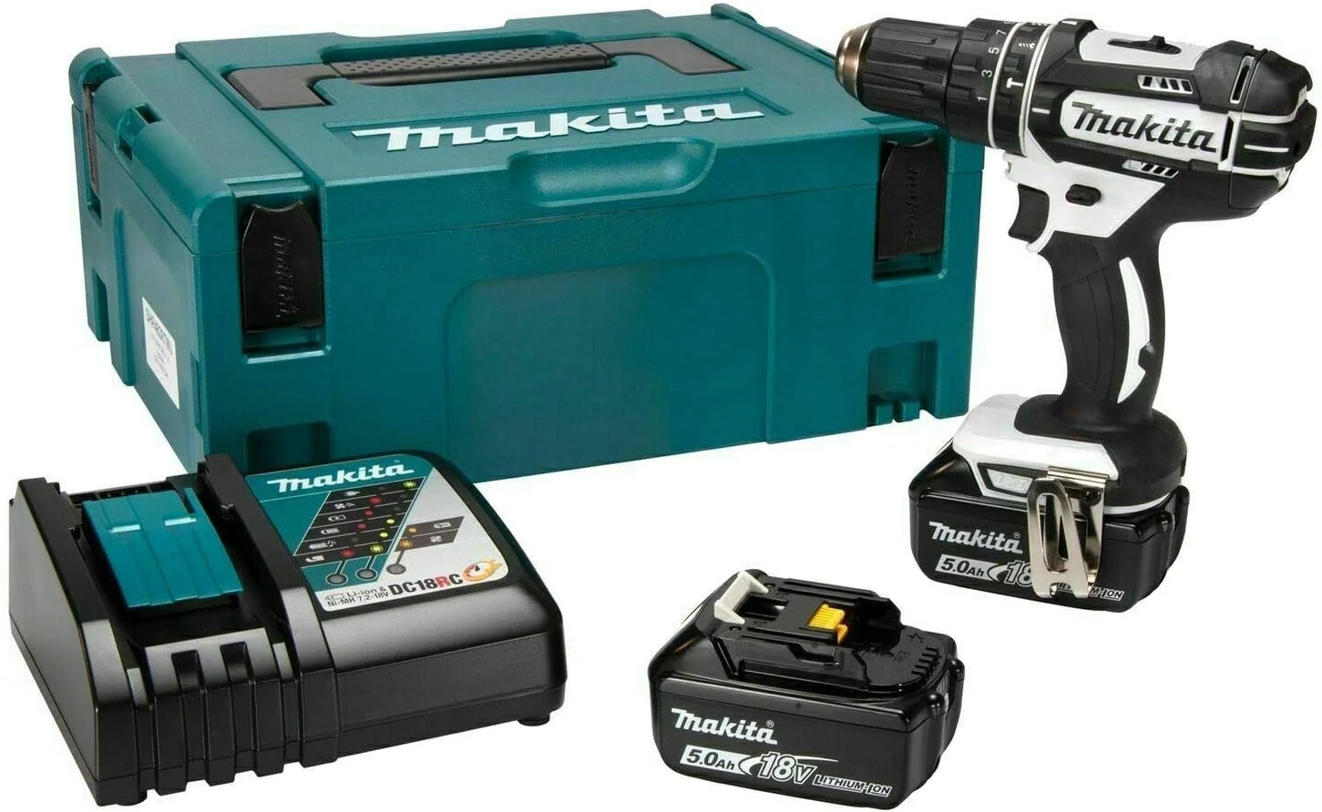 دریل چکشی شارژی 18 ولت ماکیتا مدل DHP482RTWJ به همراه 2 عدد باتری 5 آمپر و شارژر