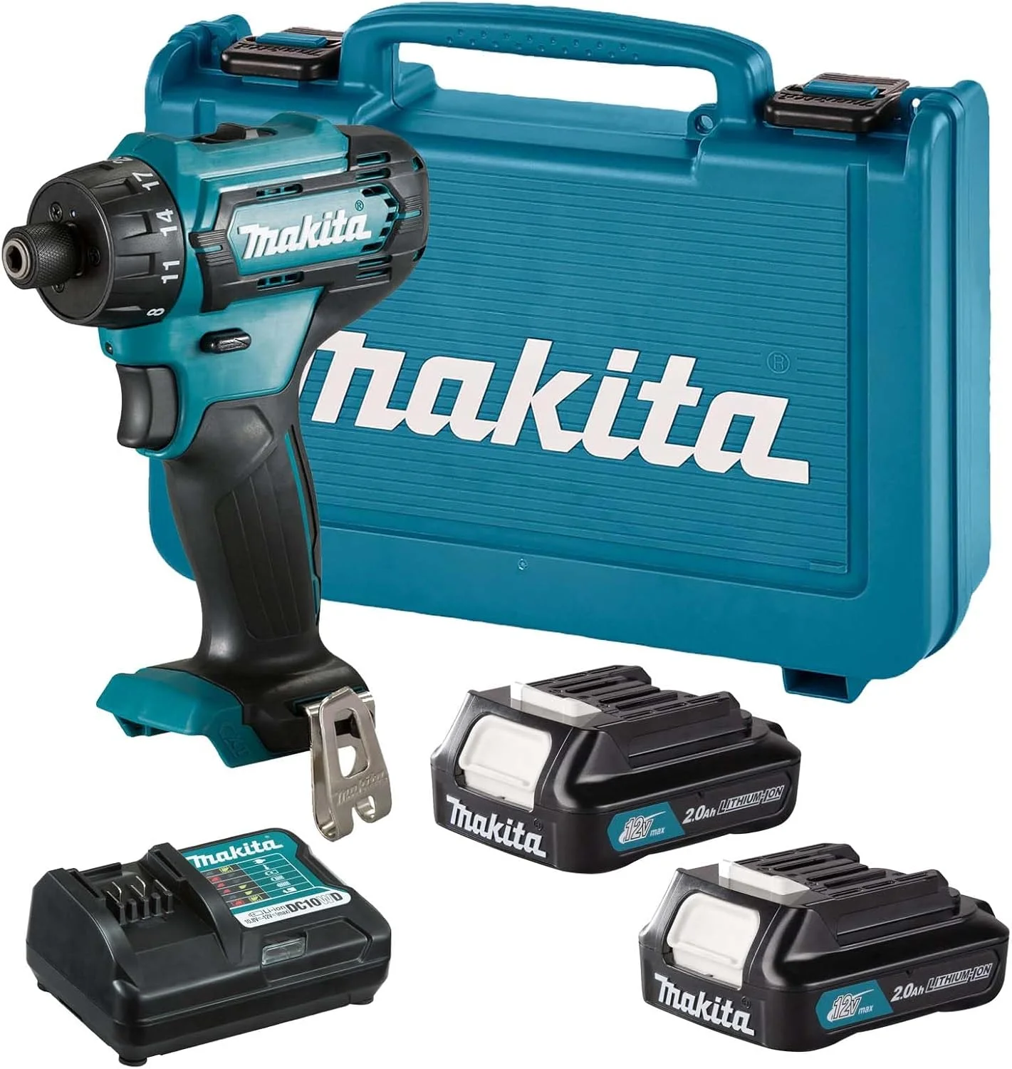 دریل پیچ گوشتی شارژی ماکیتا مدل DF033DWAE 12V Max Li-Ion CXT به همراه 2 عدد باتری 2.0 آمپر ساعتی Li-Ion و شارژر عرضه شده در جعبه حمل