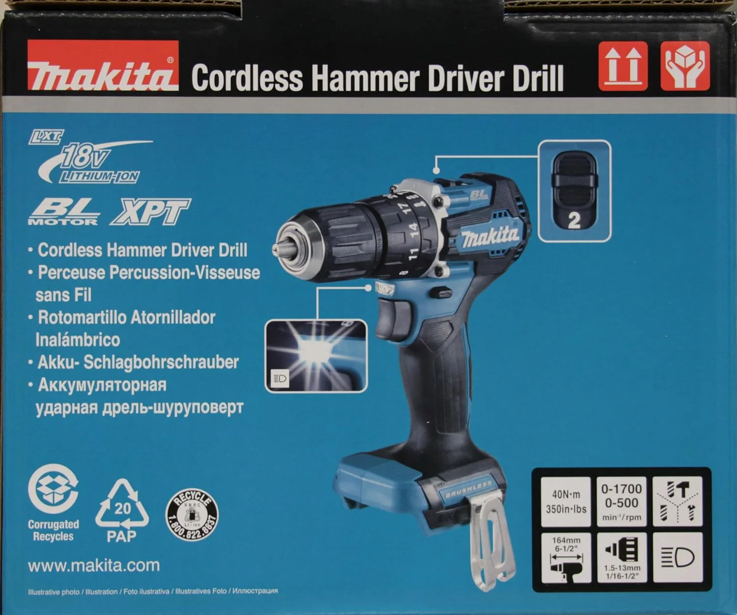 دریل چکشی شارژی براشلس 18 ولت Makita مدل Dhp487Z (باتری و شارژر شامل نمی شود)