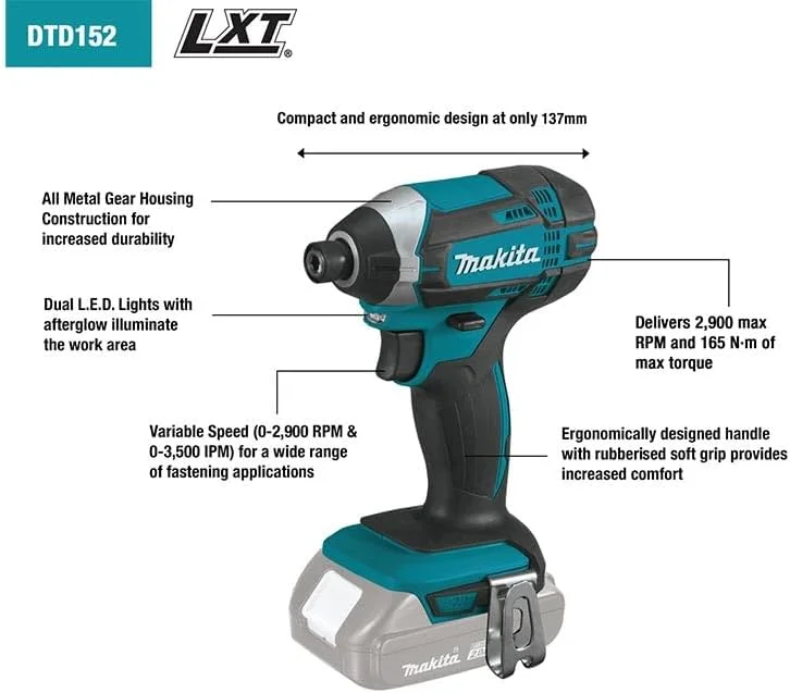 دریل پیچ گوشتی ضربه ای شارژی 18 ولت Makita DTD152Z، 6 میلی متر (1/4 اینچ)، 165 نیوتن متر، بدون باتری و شارژر دریل پیچ گوشتی ضربه ای شارژی 18 ولت Makita DTD152Z، 6 میلی متر (1/4 اینچ)، 165 نیوتن متر، بدون باتری و شارژر