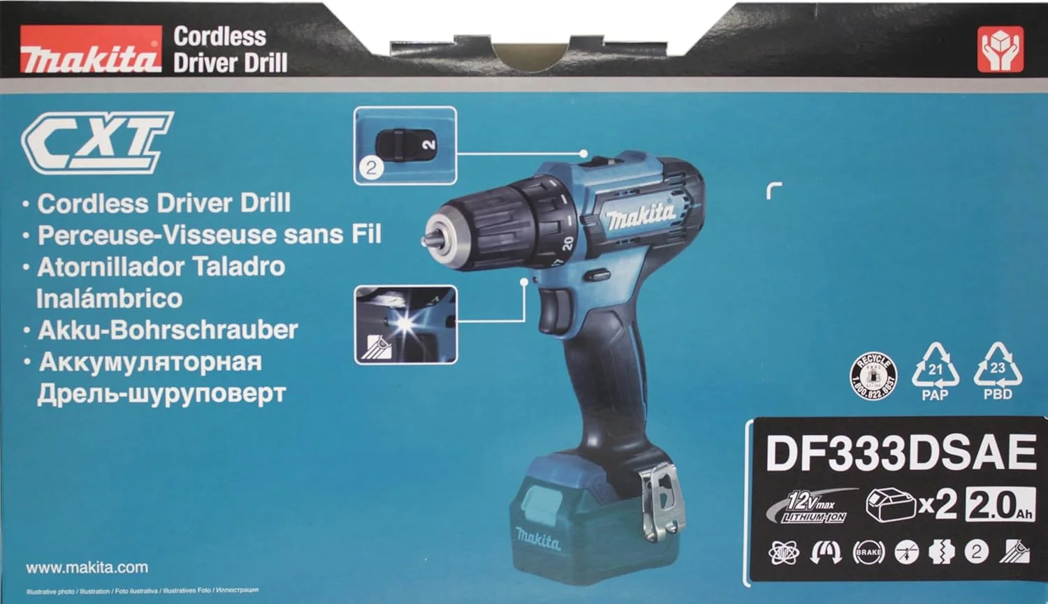دریل شارژی ماکیتا DF333DSAE 12 ولت حداکثر / 2.0 آمپر ساعت، 2 باتری + شارژر در جعبه حمل، مشکی، آبی دریل شارژی ماکیتا DF333DSAE 12 ولت حداکثر / 2.0 آمپر ساعت، 2 باتری + شارژر در جعبه حمل، مشکی، آبی