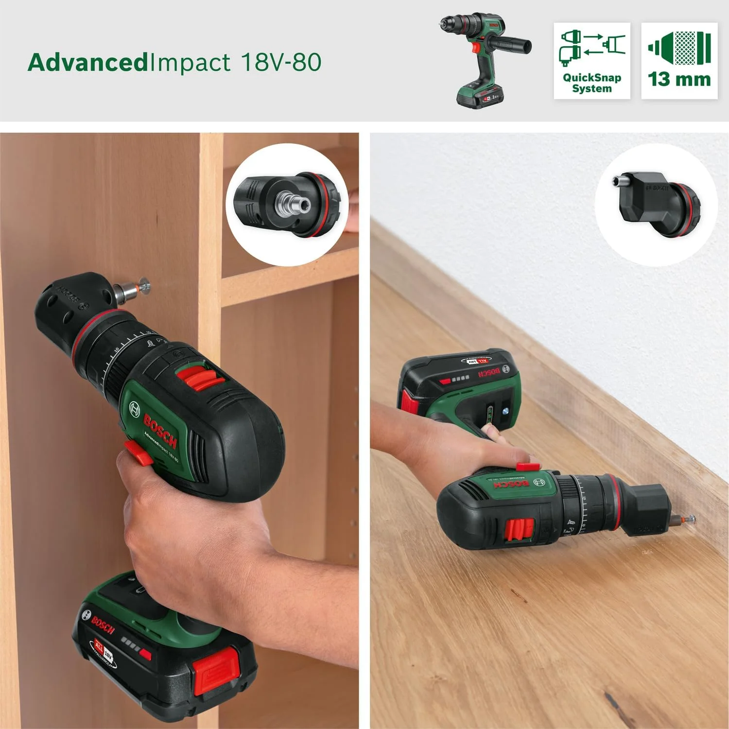 دریل پیچ گوشتی چکشی شارژی بوش AdvancedImpact 18V-80 QuickSnap (برای سوراخکاری و پیچ کاری؛ سیستم 18 ولت؛ براشلس؛ 82 نیوتن متر؛ سه نظام 13 میلی متری؛ دسته کمکی؛ بدون باتری)