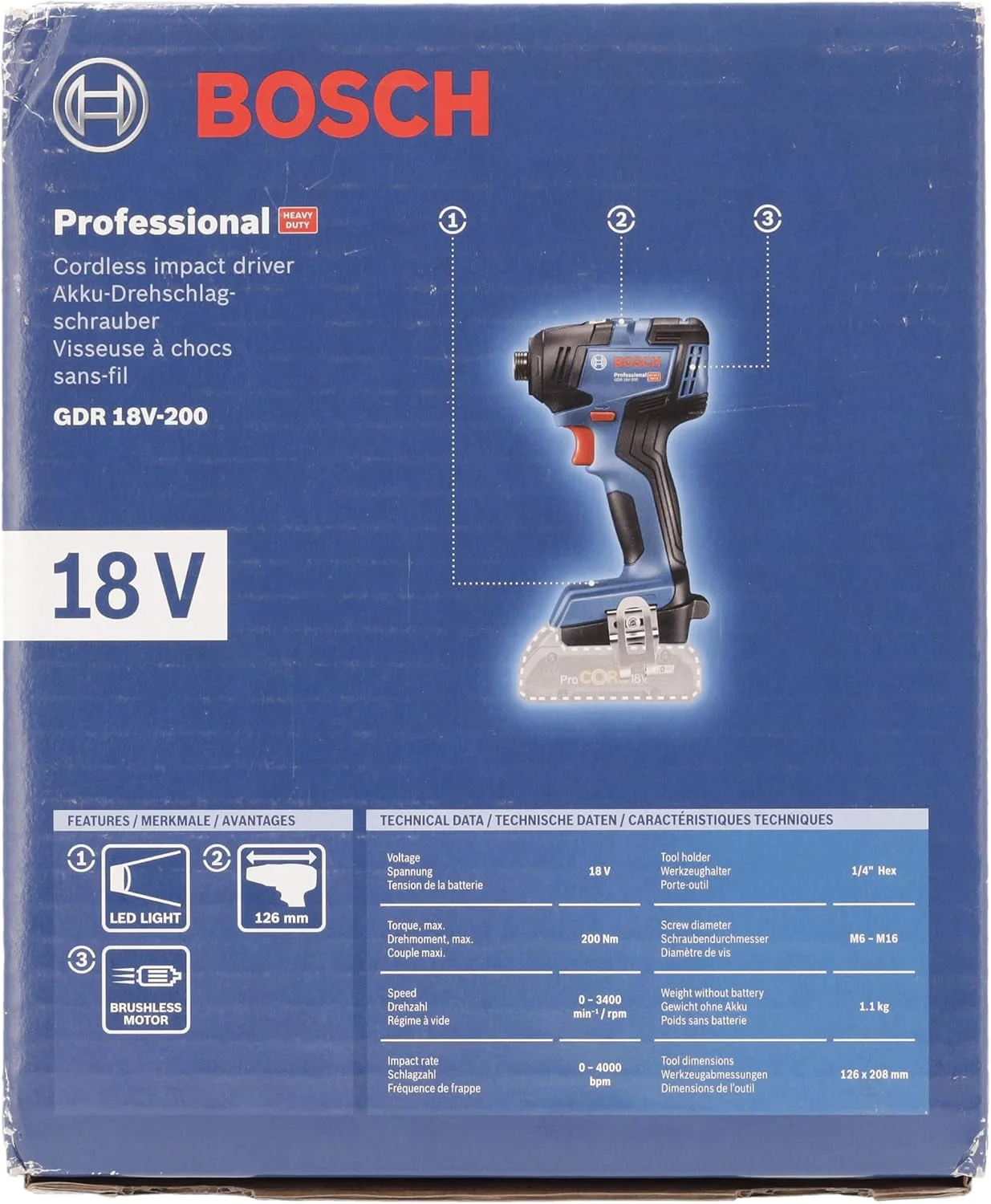 دریل پیچ گوشتی ضربه ای شارژی بوش پروفشنال مدل GDR 18V-200، آبی دریل پیچ گوشتی ضربه ای شارژی بوش پروفشنال مدل GDR 18V-200، آبی