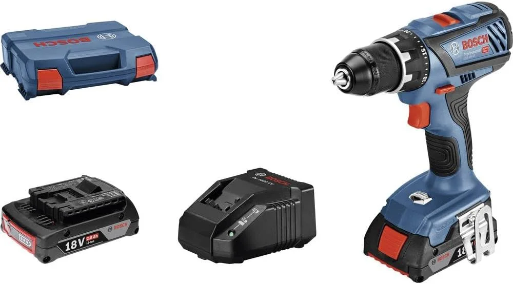 دریل شارژی بوش پروفشنال GSR 18V-28 سیستم 18 ولت (حداکثر گشتاور (نرم/سخت): 28/63 نیوتن متر، شامل 2 عدد باتری 2.0 آمپر ساعت، شارژر GAL 18V-20، کیف L-Case)