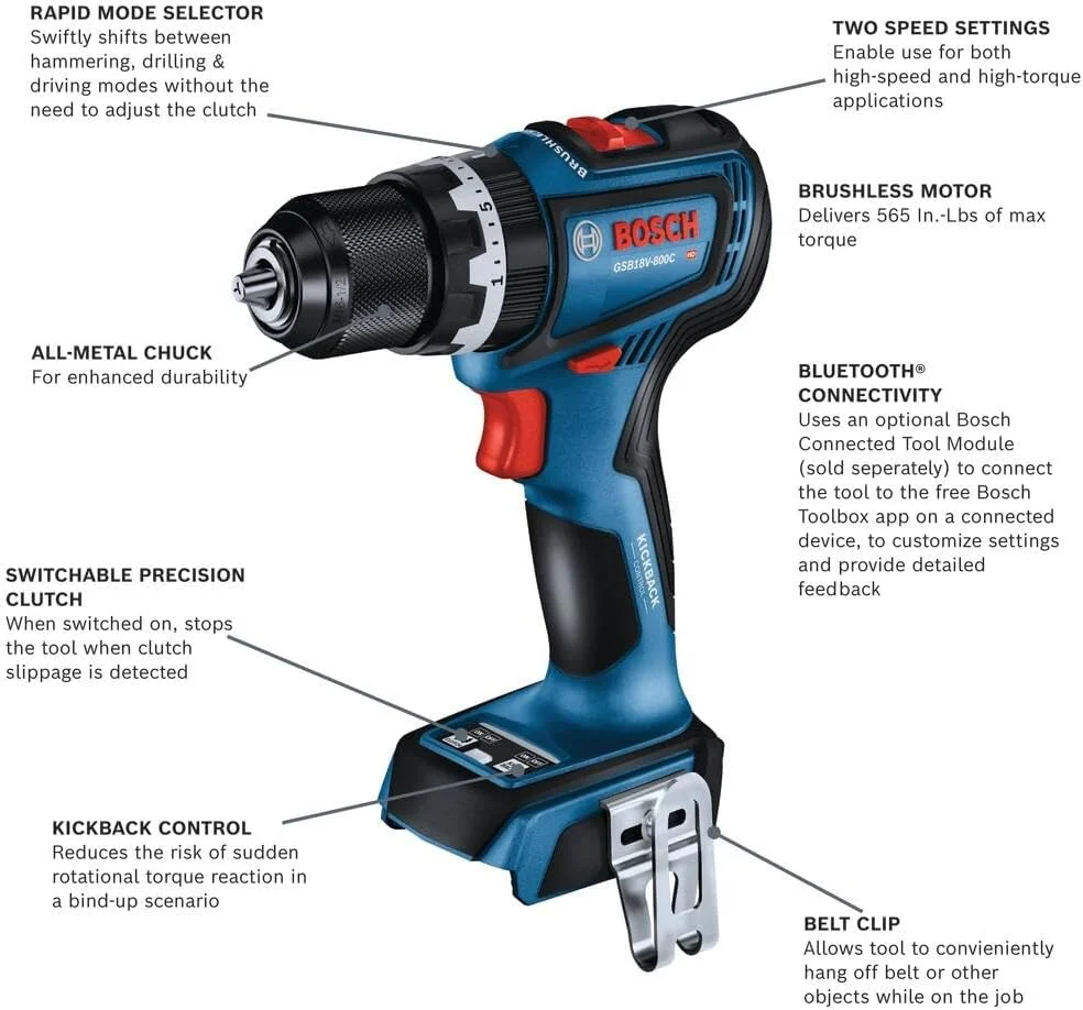 دریل/پیچ گوشتی چکشی براشلس 1/2 اینچی بوش مدل GSB18V-800CN (فقط ابزار)