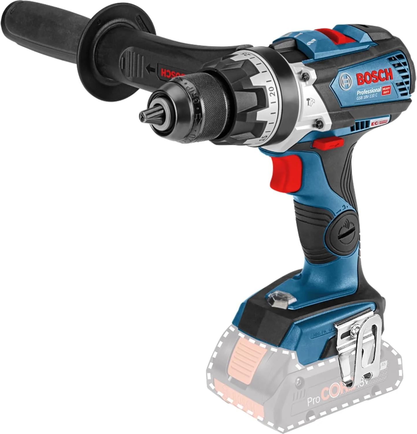 دریل پیچ گوشتی چکشی شارژی بوش پروفشنال 18 ولت مدل GSB 18V-110 C (حداکثر گشتاور 110 نیوتن متر، بدون باتری و شارژر، در جعبه کارتنی)