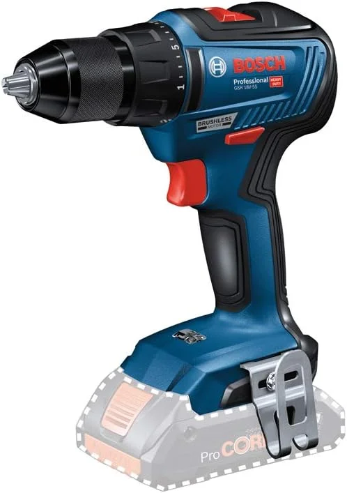 دریل پیچ گوشتی شارژی حرفه ای بوش GSR 18V-55 (بدون باتری، سیستم 18 ولت، حداکثر گشتاور: 55 نیوتن متر، در L-BOXX)