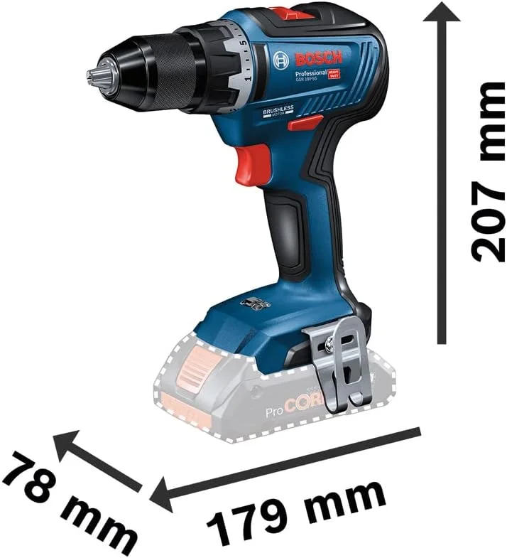 دریل پیچ گوشتی شارژی حرفه ای بوش GSR 18V-55 (بدون باتری، سیستم 18 ولت، حداکثر گشتاور: 55 نیوتن متر، در L-BOXX)