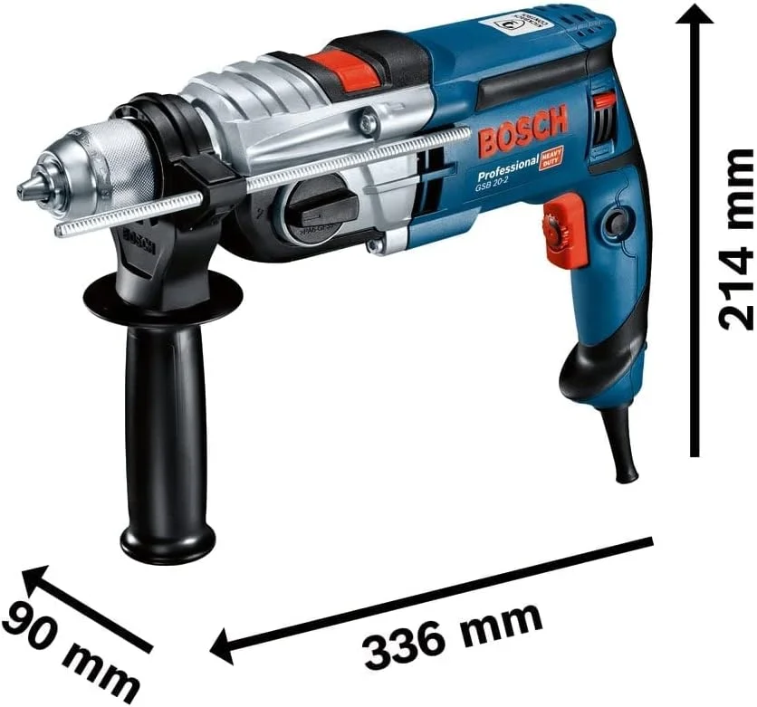 دریل چکشی حرفه ای بوش GSB 20-2 (850 وات، سرعت در حالت آزاد 3000 دور در دقیقه، با مجموعه لوازم جانبی، در L-Case)