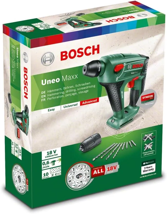 دریل چکشی شارژی بوش UneoMaxx با آداپتور گرد (بدون باتری، سیستم 18 ولت، در جعبه کارتنی)
