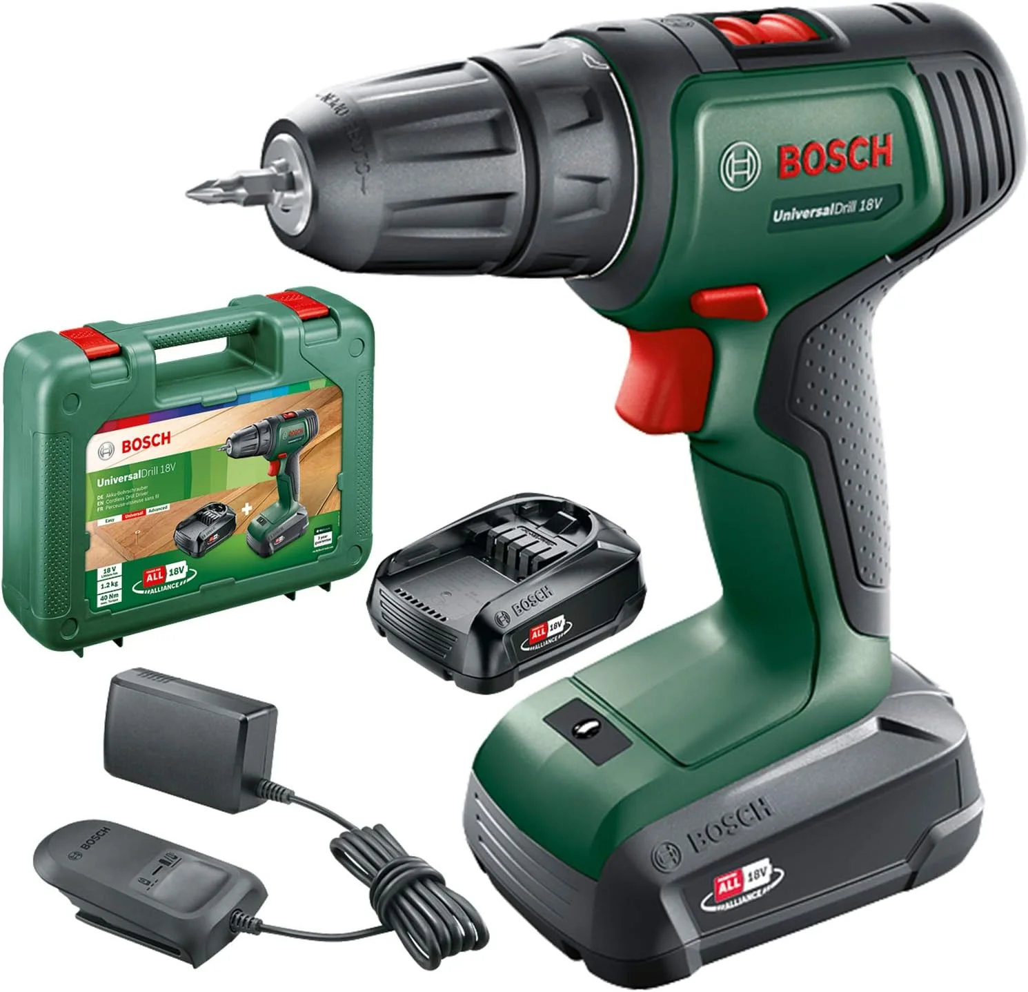 دریل بوش UniversalDrill 18V با سرعت 1450 دور در دقیقه، سه نظام اتوماتیک، 1.2 کیلوگرم، مشکی، سبز
