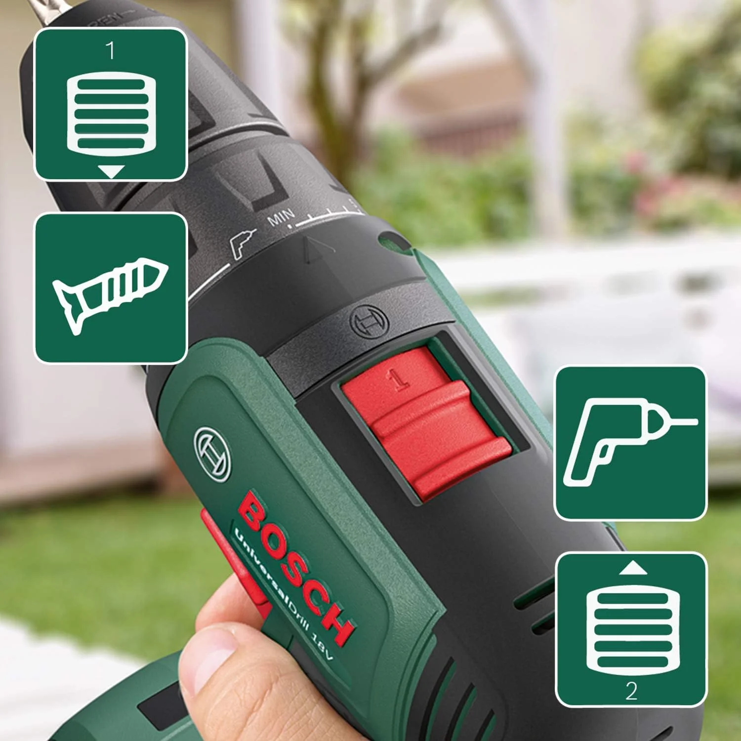 دریل بوش UniversalDrill 18V با سرعت 1450 دور در دقیقه، سه نظام اتوماتیک، 1.2 کیلوگرم، مشکی، سبز دریل بوش UniversalDrill 18V با سرعت 1450 دور در دقیقه، سه نظام اتوماتیک، 1.2 کیلوگرم، مشکی، سبز