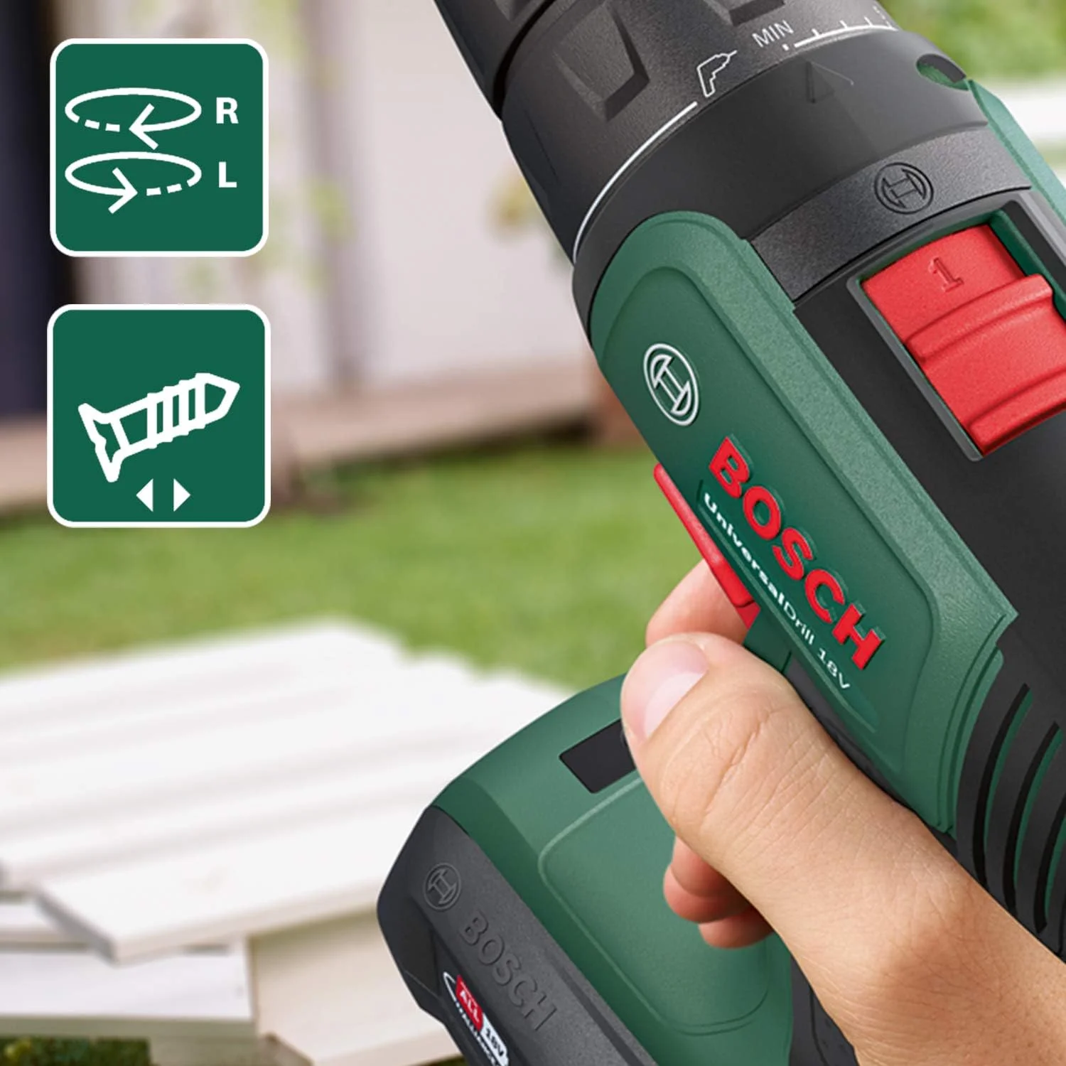 دریل بوش UniversalDrill 18V با سرعت 1450 دور در دقیقه، سه نظام اتوماتیک، 1.2 کیلوگرم، مشکی، سبز دریل بوش UniversalDrill 18V با سرعت 1450 دور در دقیقه، سه نظام اتوماتیک، 1.2 کیلوگرم، مشکی، سبز