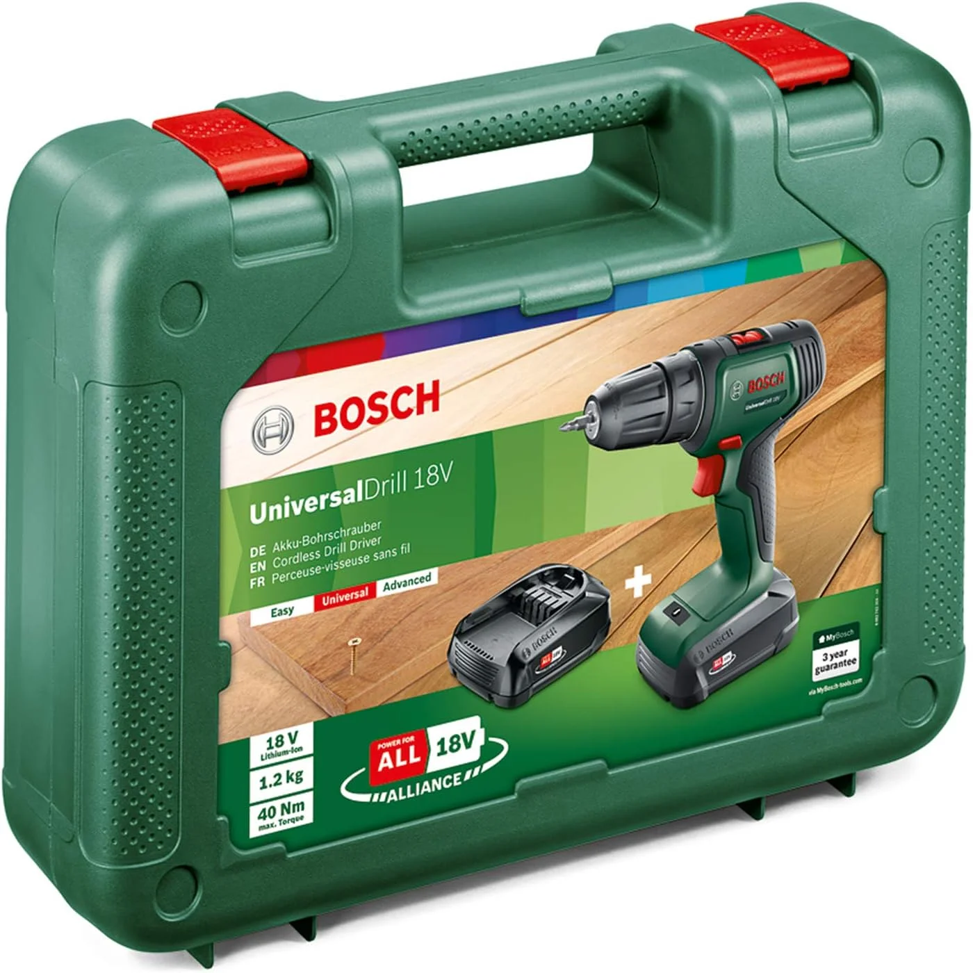 دریل بوش UniversalDrill 18V با سرعت 1450 دور در دقیقه، سه نظام اتوماتیک، 1.2 کیلوگرم، مشکی، سبز دریل بوش UniversalDrill 18V با سرعت 1450 دور در دقیقه، سه نظام اتوماتیک، 1.2 کیلوگرم، مشکی، سبز