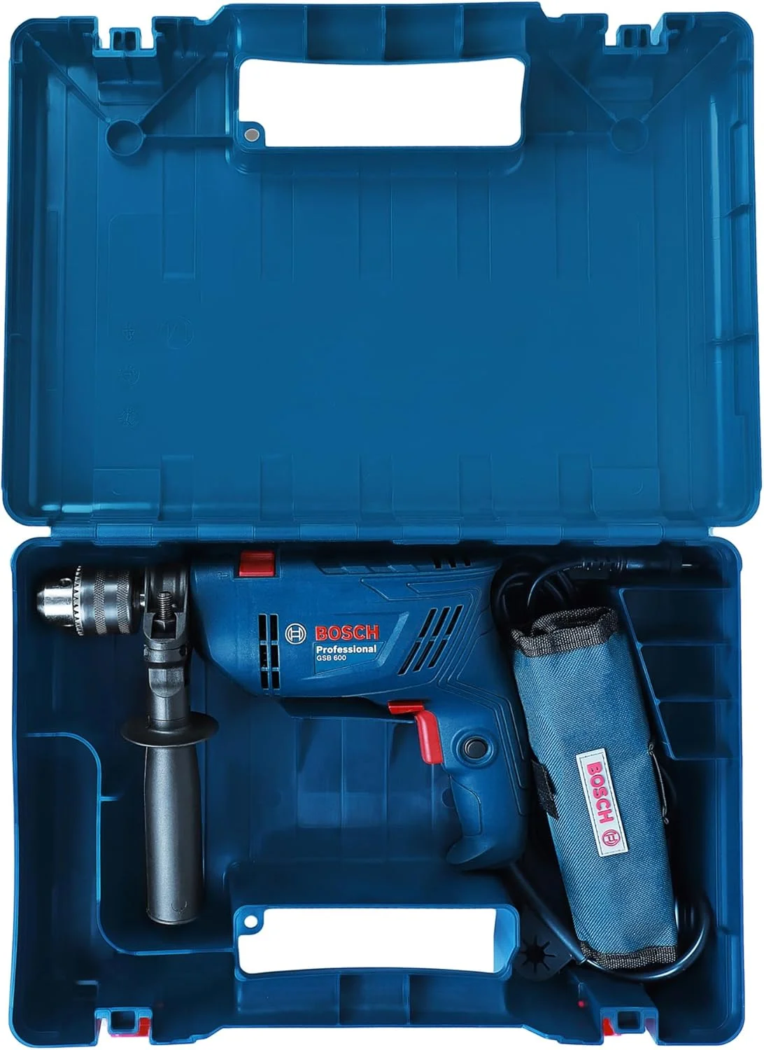 دریل چکشی برقی سیم دار بوش GSB 600 به همراه مجموعه لوازم جانبی | موتور 600 وات | سرعت تا 3000 دور در دقیقه | گشتاور نامی 1.4 نیوتن متر | نرخ ضربه 48000 BPM | چرخش به جلو/عقب، عایق دوبل