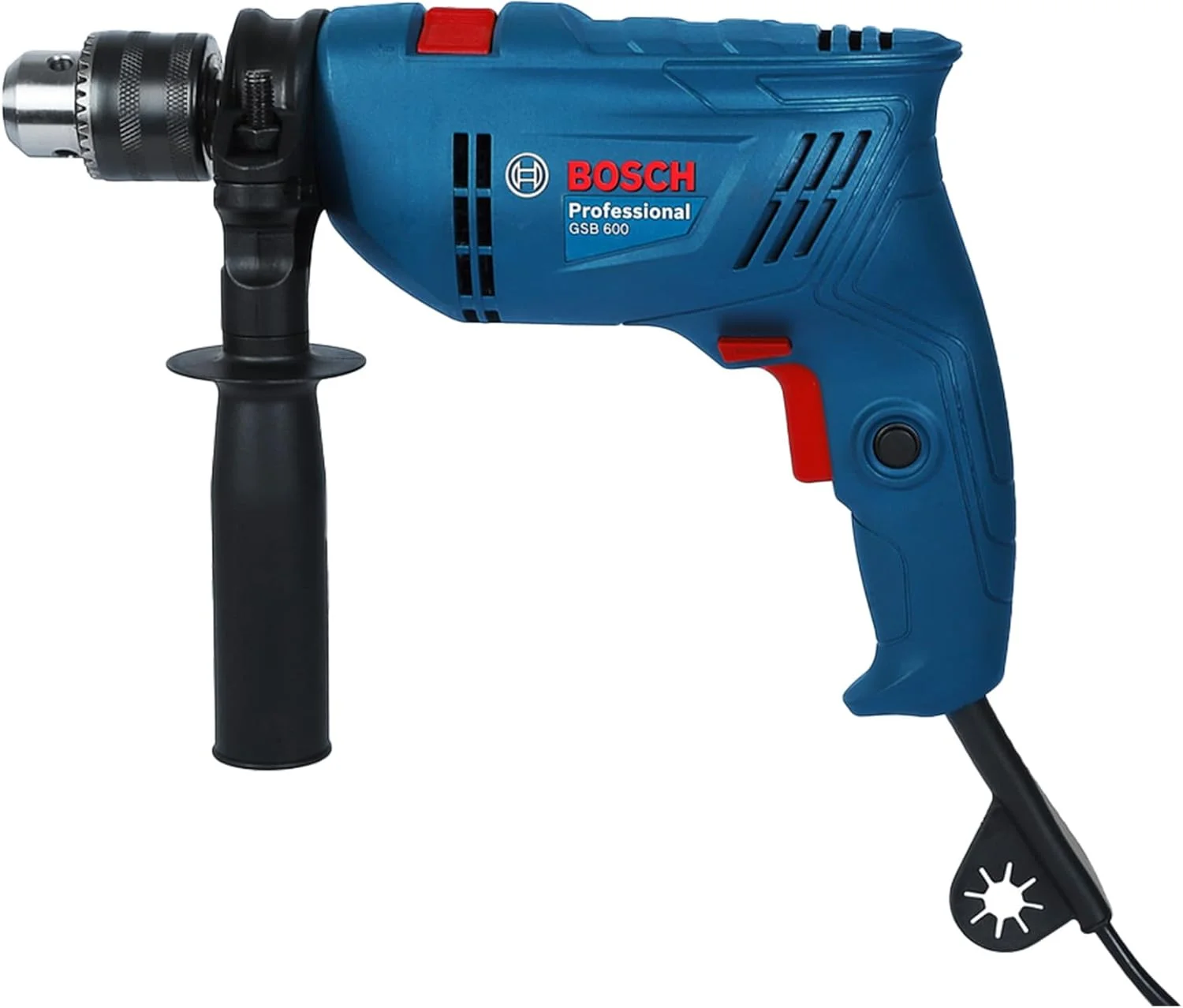 دریل چکشی برقی باس مدل GSB 600 | موتور 600 وات | سرعت تا 3000 دور در دقیقه | گشتاور نامی 1.4 نیوتن متر | نرخ ضربه تا 48000 ضربه در دقیقه | عایق دوبل