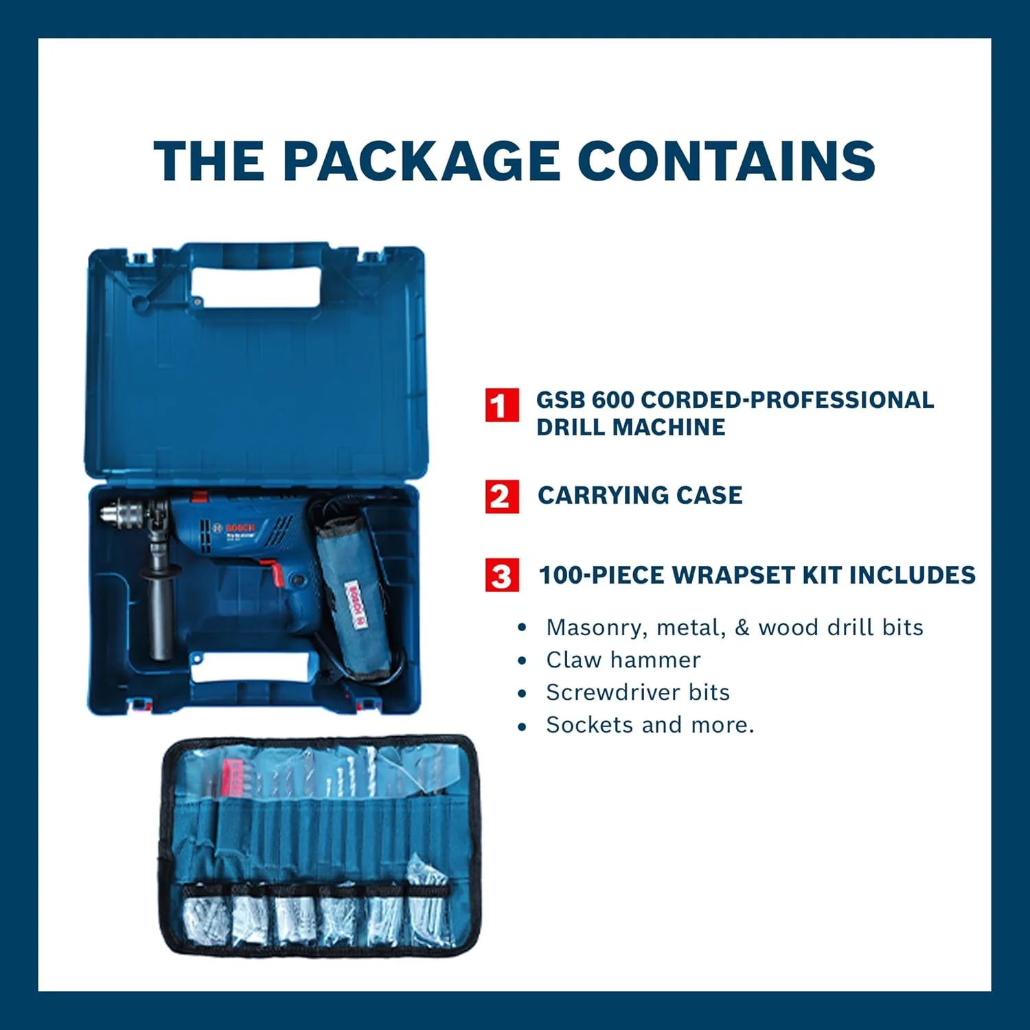 دریل چکشی برقی سیم دار بوش GSB 600 به همراه مجموعه لوازم جانبی | موتور 600 وات | سرعت تا 3000 دور در دقیقه | گشتاور نامی 1.4 نیوتن متر | نرخ ضربه 48000 BPM | چرخش به جلو/عقب، عایق دوبل