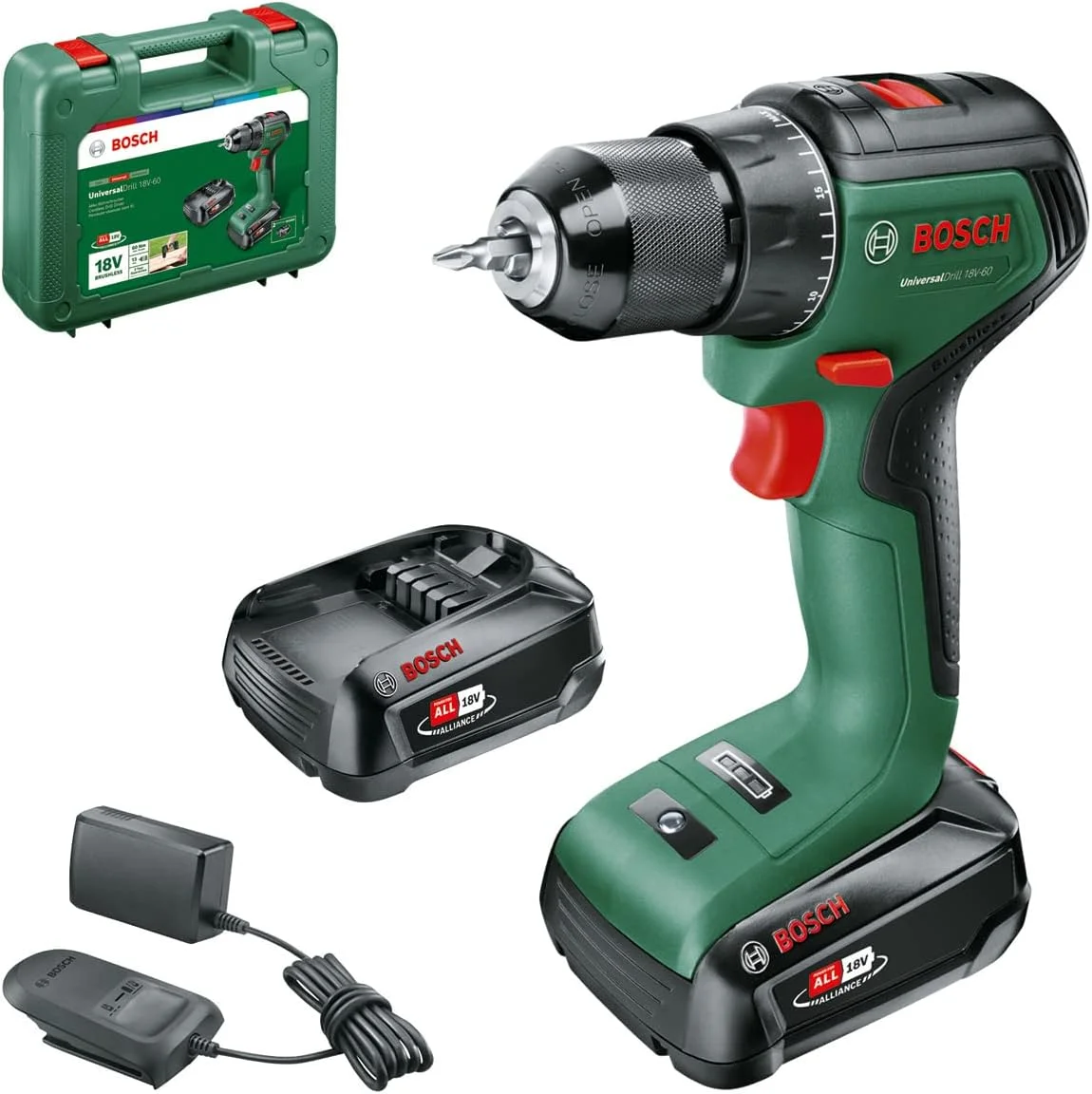 دریل پیچ گوشتی شارژی خانگی و باغی بوش UniversalDrill 18V-60 (2 باتری، سیستم 18 ولت، در جعبه) مشکی