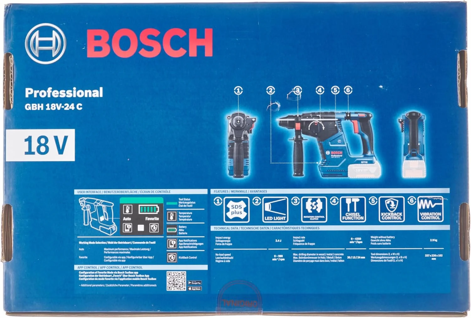 چکش تخریب شارژی بوش Professional 18V System GBH 18V-24 C (با SDS Plus، بدون باتری و شارژر، دسته کمکی)
