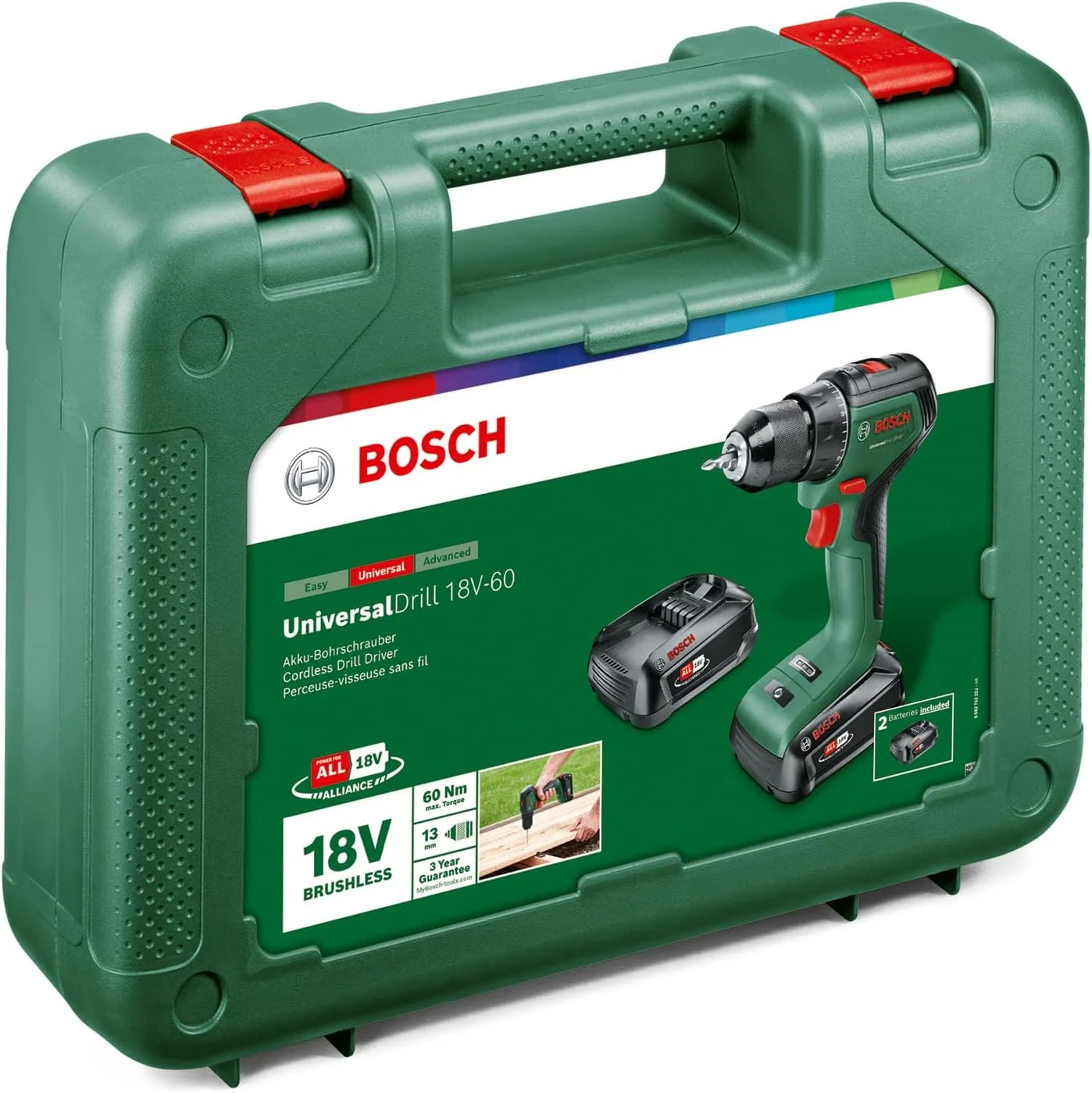 دریل پیچ گوشتی شارژی خانگی و باغی بوش UniversalDrill 18V-60 (2 باتری، سیستم 18 ولت، در جعبه) مشکی