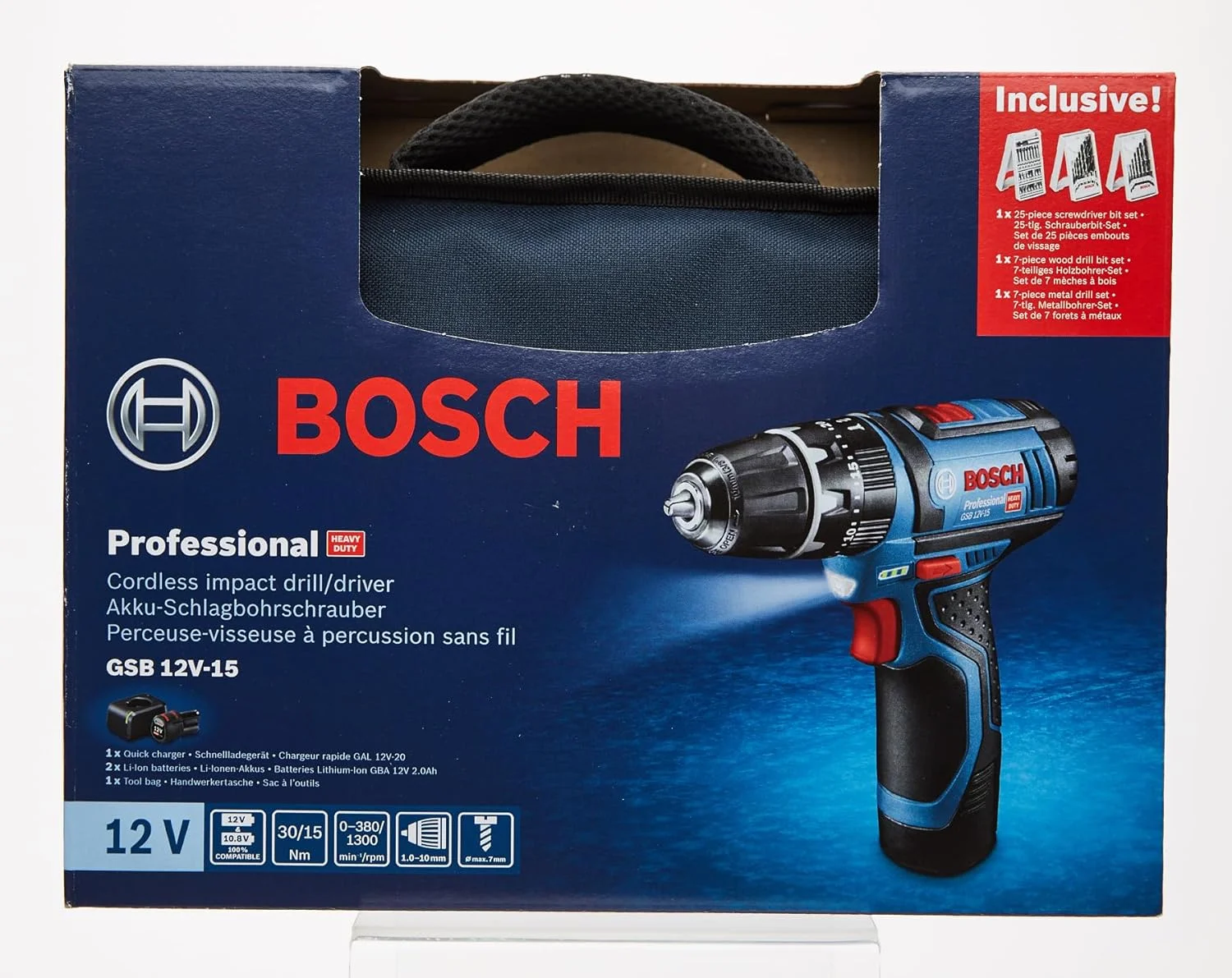 دریل پیچ گوشتی چکشی شارژی بوش پروفشنال 12V مدل GSB 12V-15 (شامل 2 عدد باتری 2.0 آمپر ساعت، شارژر GAL 12V-20، مجموعه 39 عددی لوازم جانبی، در کیف) - نسخه آمازون