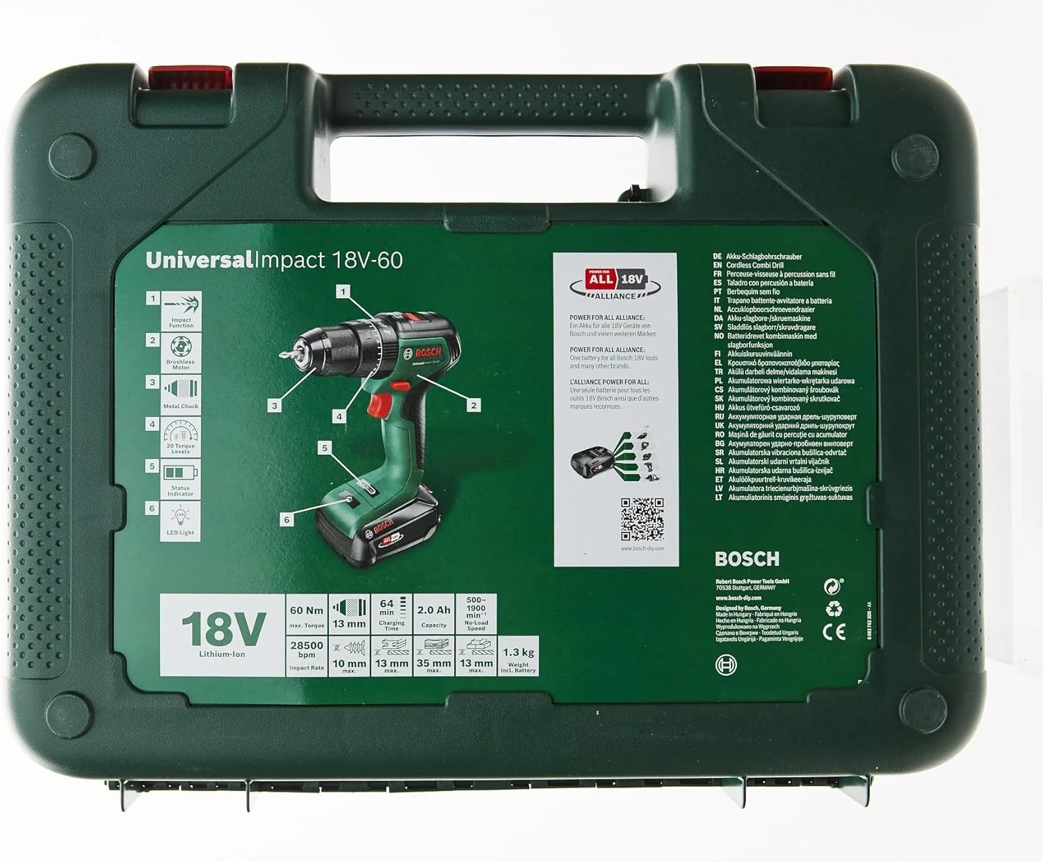 دریل پیچ گوشتی شارژی بوش مدل UniversalImpact 18V-60 06039D7101، 18 ولت 2.0 آمپر ساعت لیتیوم یون به همراه باتری