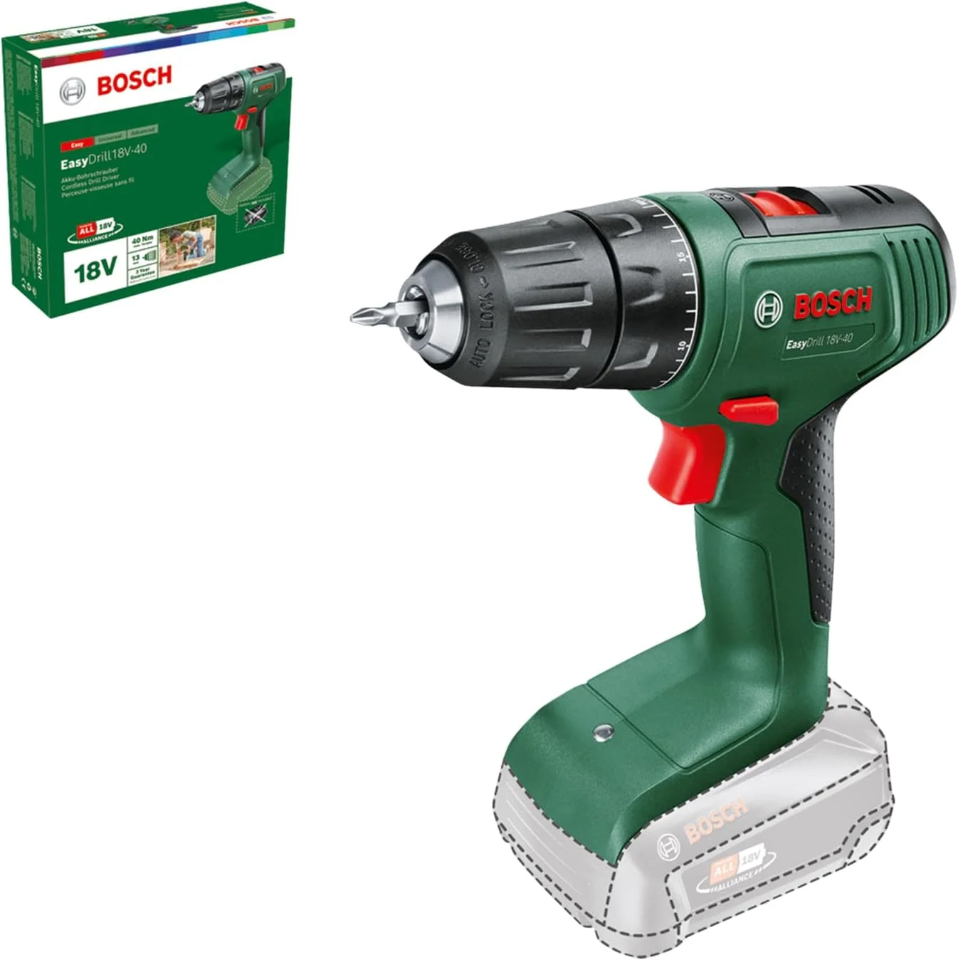 دریل پیچ گوشتی شارژی بوش مدل EasyDrill 18V-40 (بدون باتری، سیستم 18 ولت، در بسته بندی کارتنی)